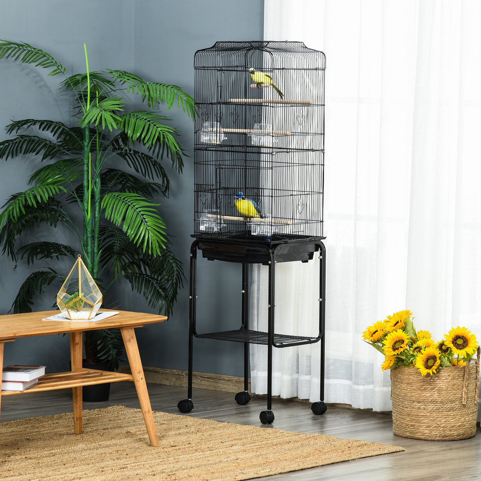 Bird Cage Budgie Cages for Finch Canary Parakeet with Stand Wheels Slide-out Tray Accessories Storage Shelf, Black 46.5 x 36 x 157 cm