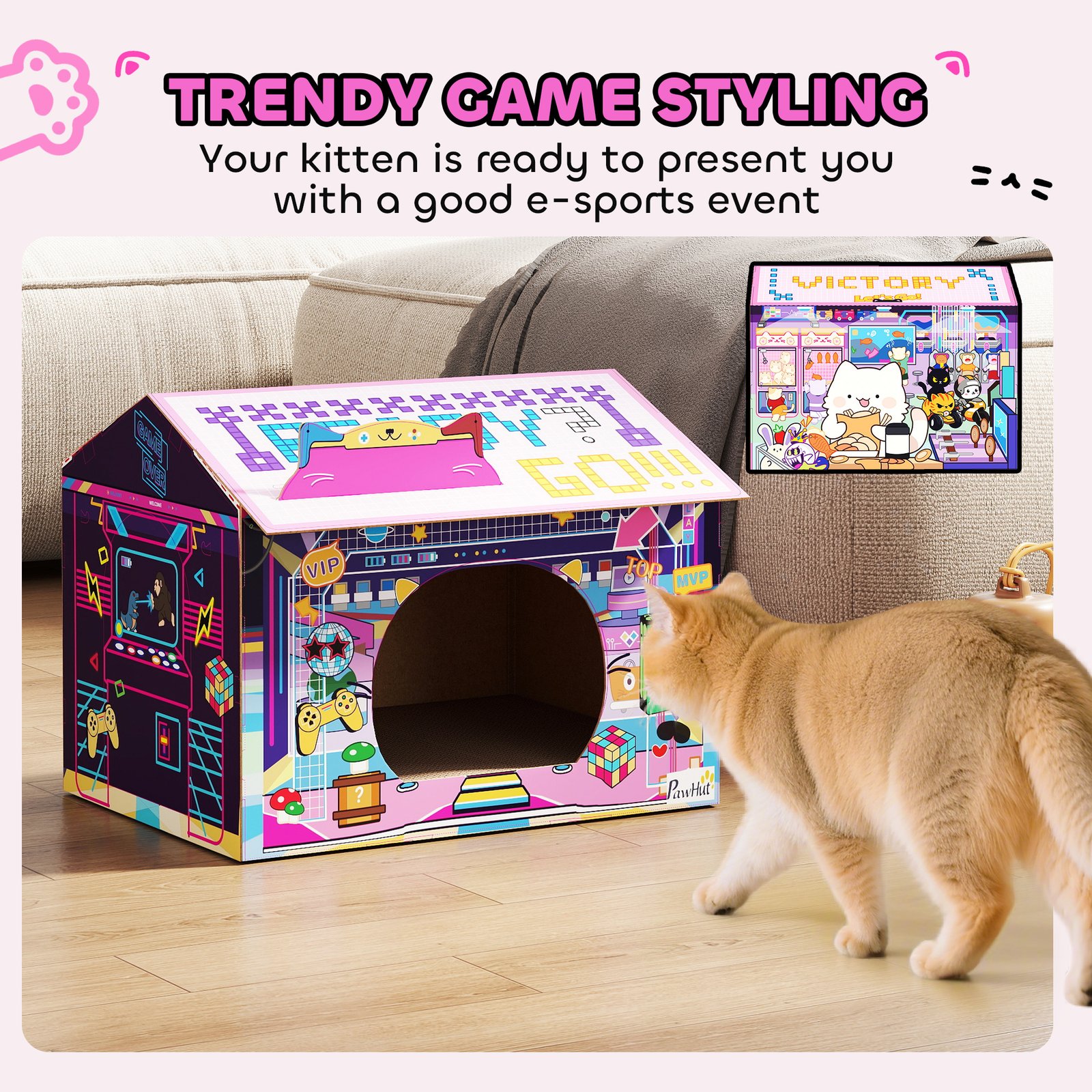 2 in 1 Gaming Style Cardboard Cat House with Scratching Board & Catnip for Indoor Cats, Pink