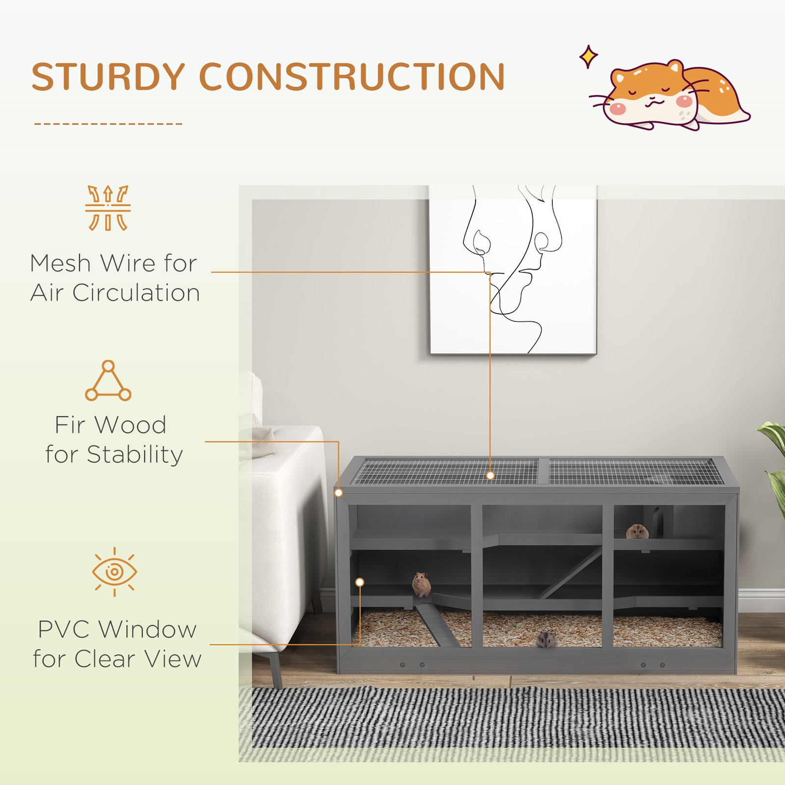 Wooden Hamster Cage, Small Animals Hutch with Tray, Openable Top, Exercise Play House Pen, 115L x 57W x 55Hcm, Grey - Image 5