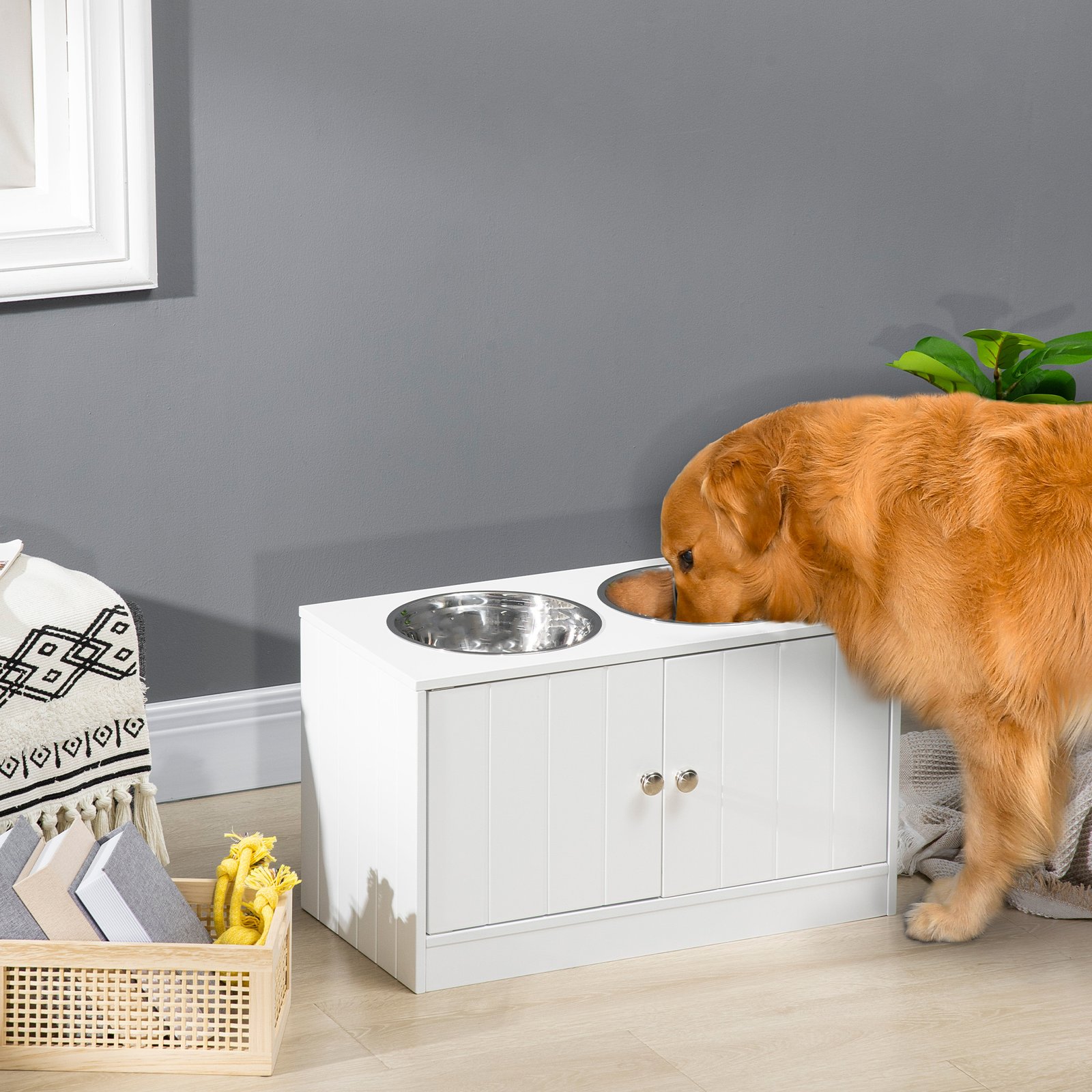 Raised Pet Feeder, with Two Bowls, Storage - White
