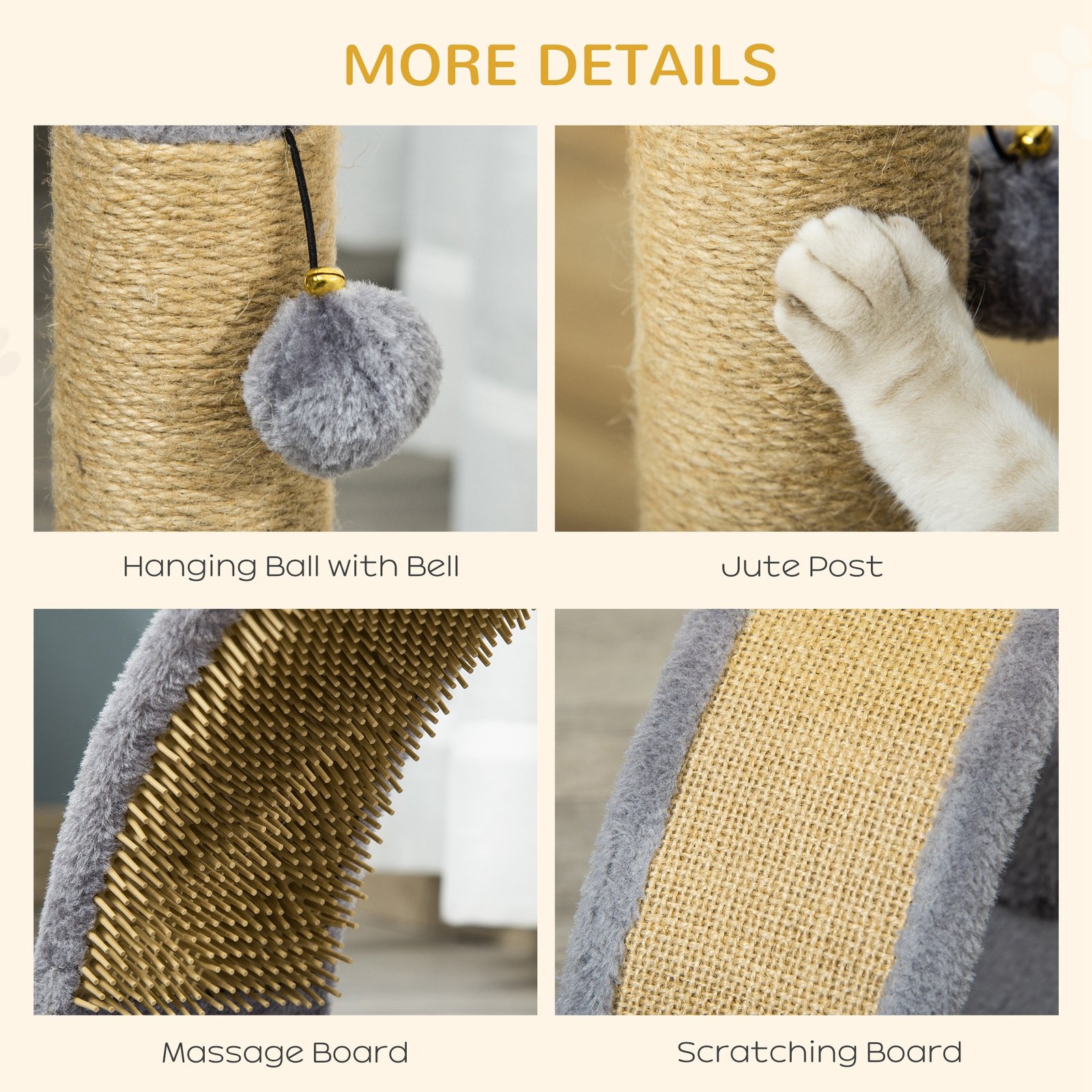 Cat Tree for Indoor Cats Climbing Activity Center Kitten Tower Furniture with Jute Post Scratching Massage Board Hanging Ball with Bell 34 x 24 x 43cm Grey - Image 5