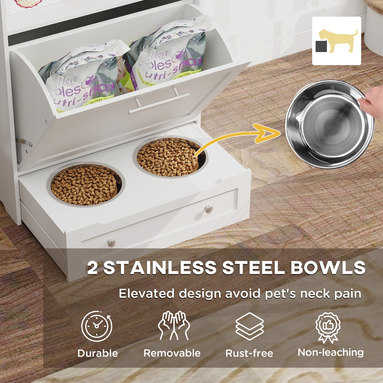 Pet Feeder Station, Dog, Cat Storage Container, with Raised Bowls, Hanger, Cabinet - White - Image 4