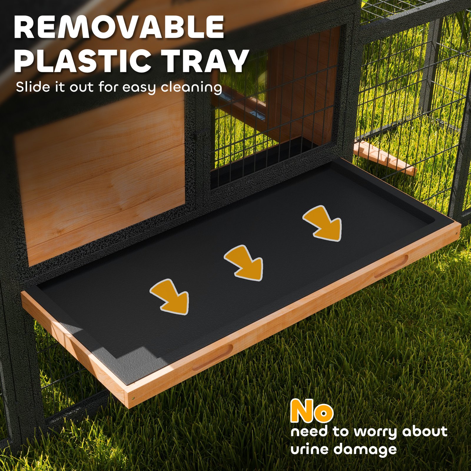 Wooden Rabbit Hutch Outdoor with Steel Run, Wooden Guinea Pig Cage with Removable Plastic Tray, Asphalt Roof, Ramp - Image 7