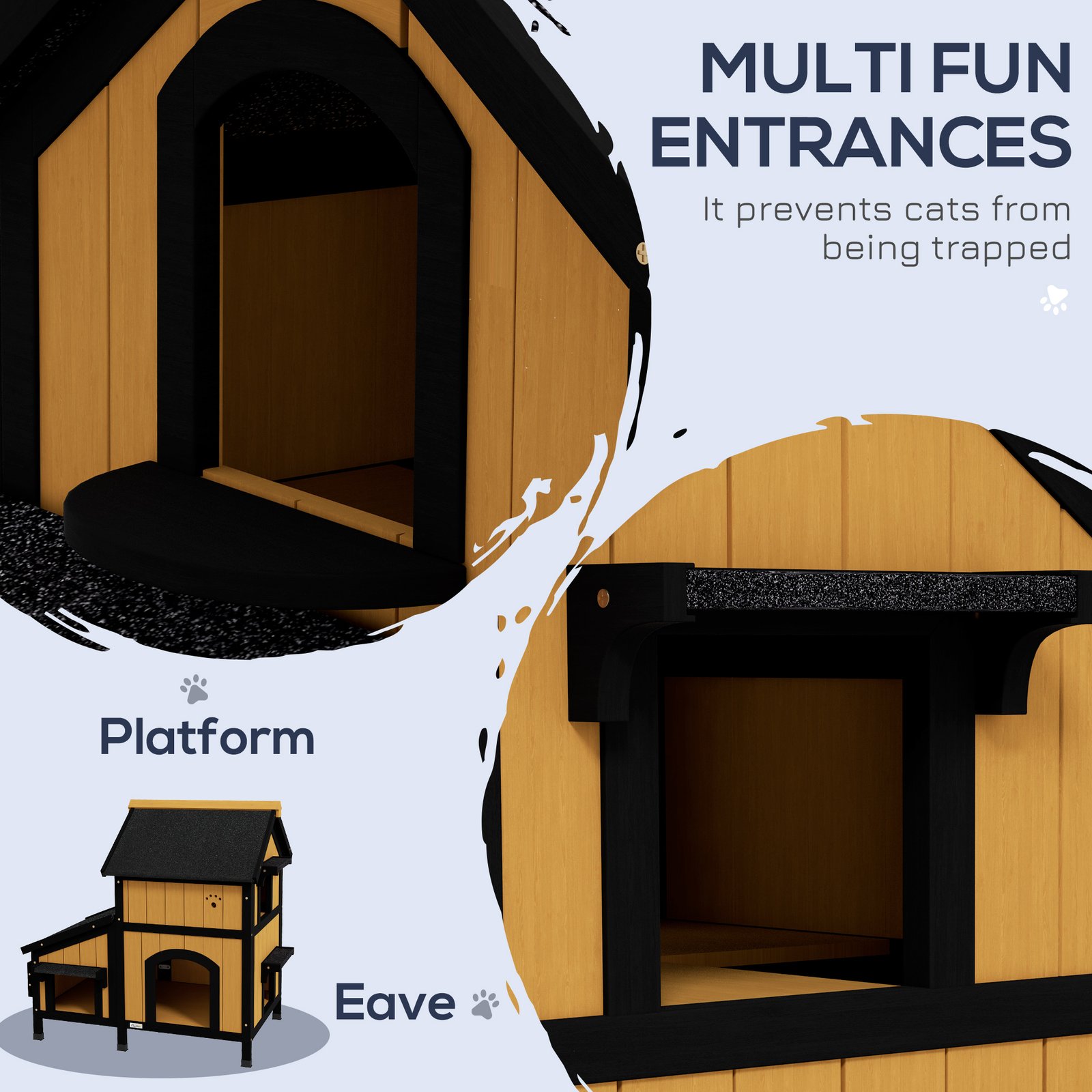 Wooden Cat House with Flower Pot, Windows, Multiple Entrances, Water-Resistant Roof for Outdoor - Yellow - Image 4