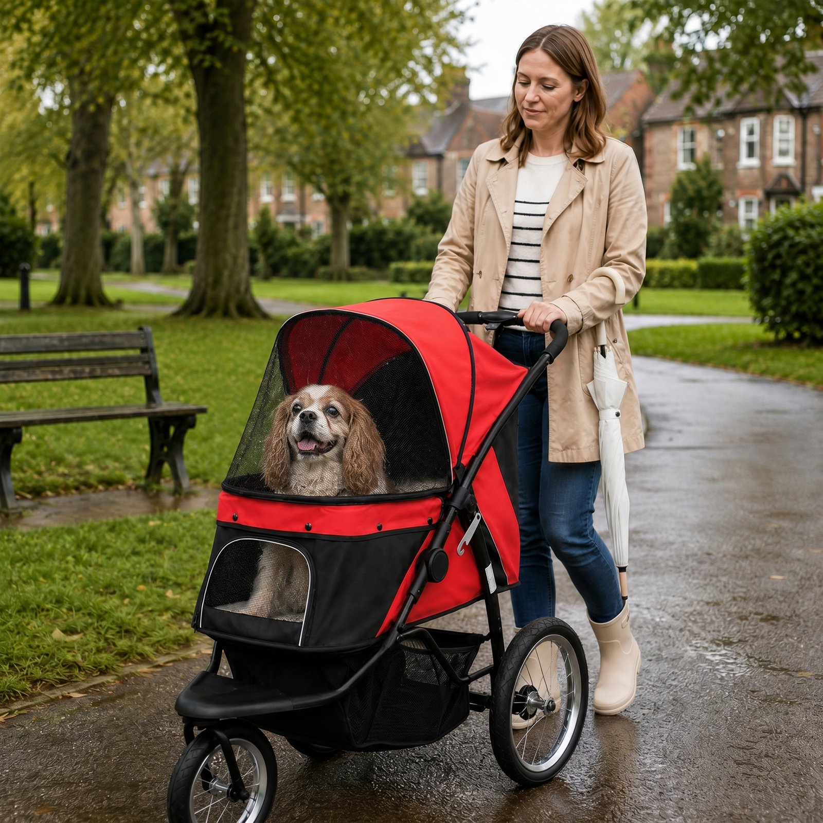 Foldable Pet Stroller with Three Wheels, for Small, Medium Dogs, Red