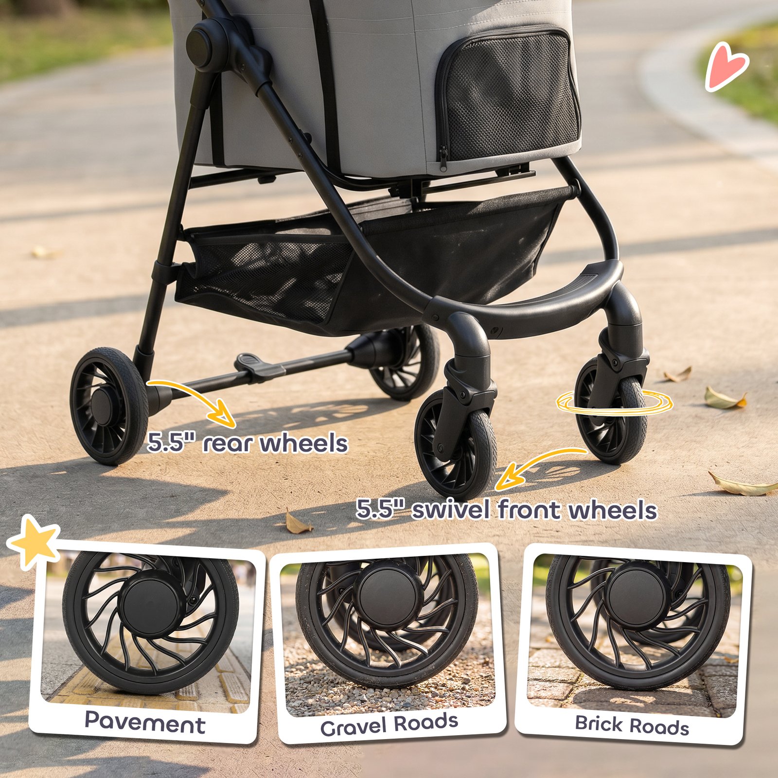 Dog Stroller, 3 in 1 Foldable Pet Stroller for Small Puppy Cat with Detachable Travel Carrier, Storage Basket, Grey - Image 8