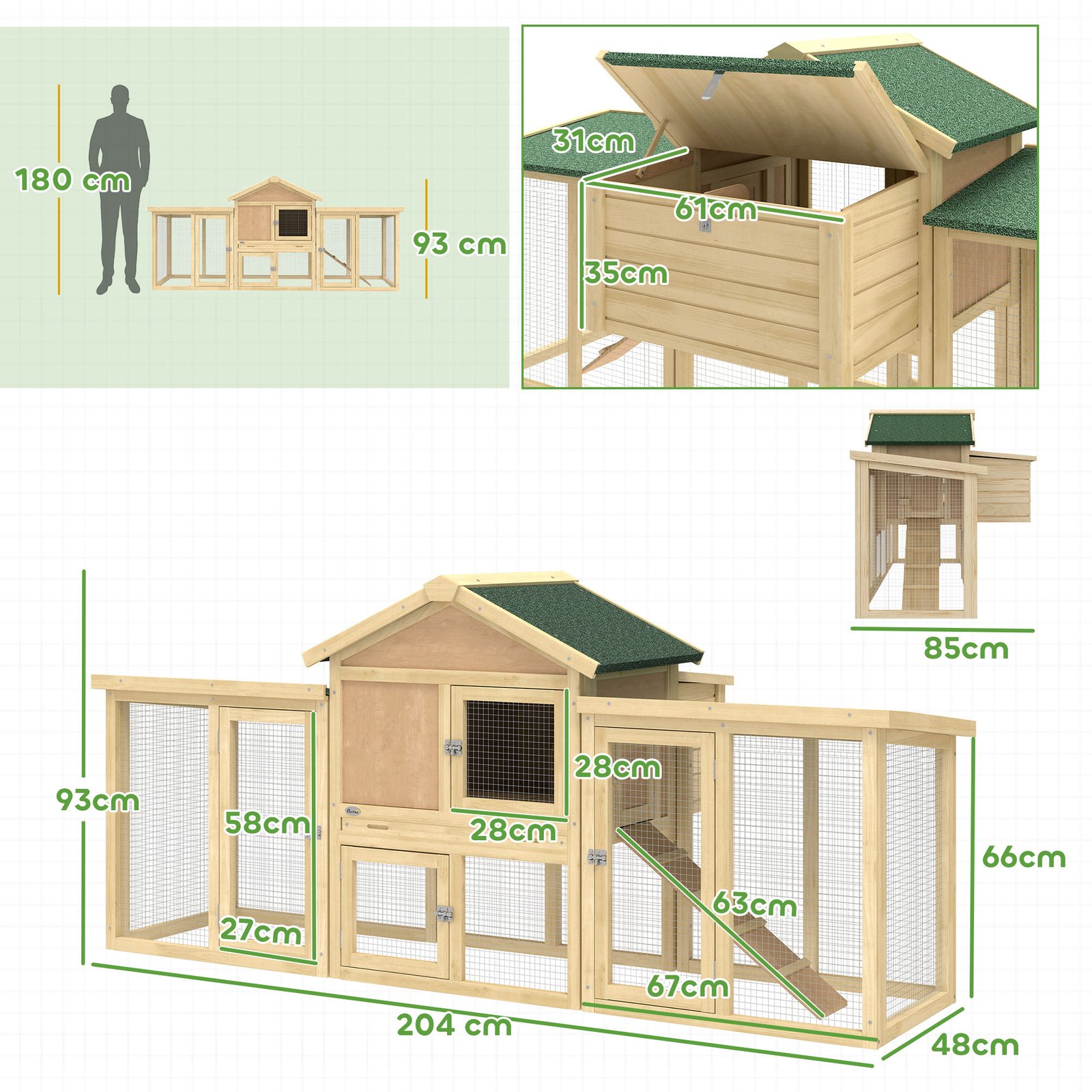 Large Chicken Coop, Wooden Outdoor Chicken Cage Poultry Hen House with Nesting Box