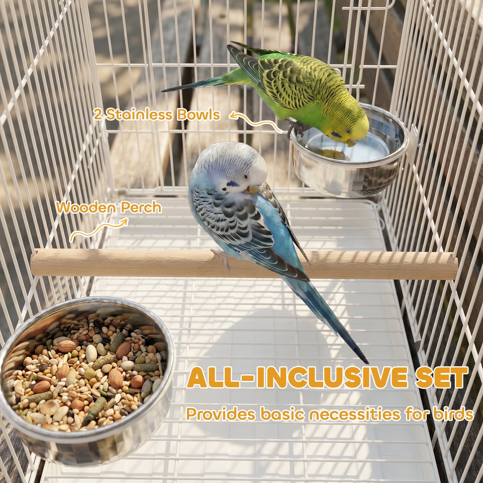 Bird Cage Foldable Portable Budgie Cage with Wooden Perch 2 Bowls for Travel 49 x 31 x 40 cm White