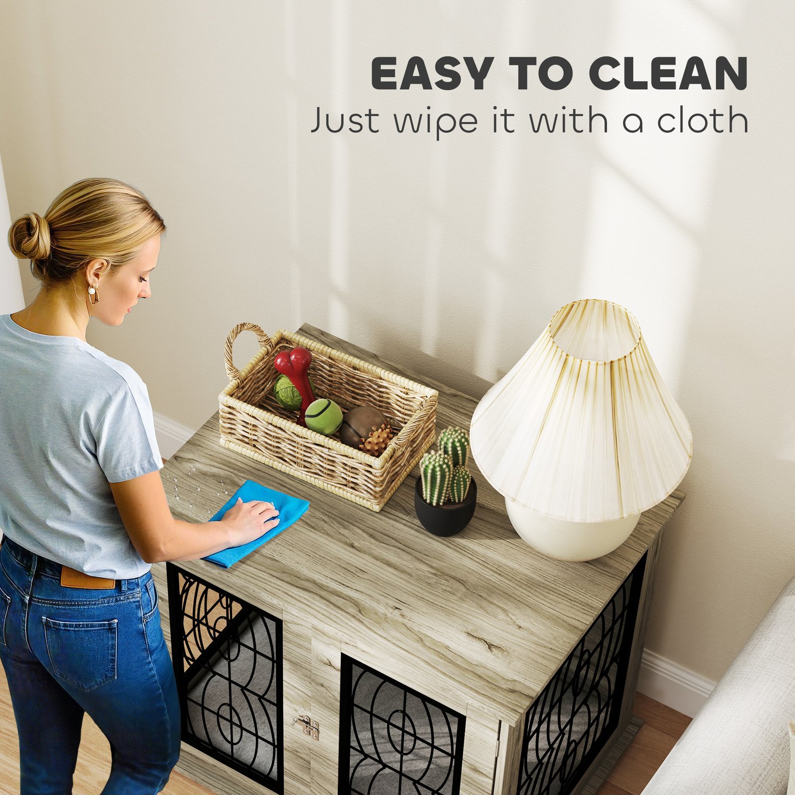 Indoor Dog Crate Furniture End Table with Soft Washable Cushion, Lockable Front Door, for Medium Dogs - Black - Image 7