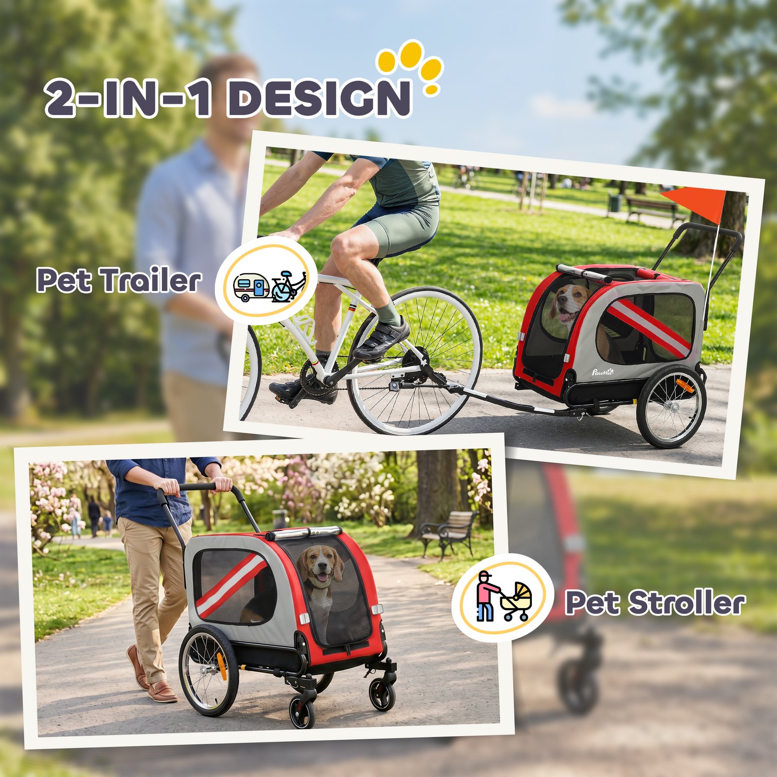 2-In-1 Dog Bike Trailer Pet Stroller with Universal Wheel Reflector Flag Red