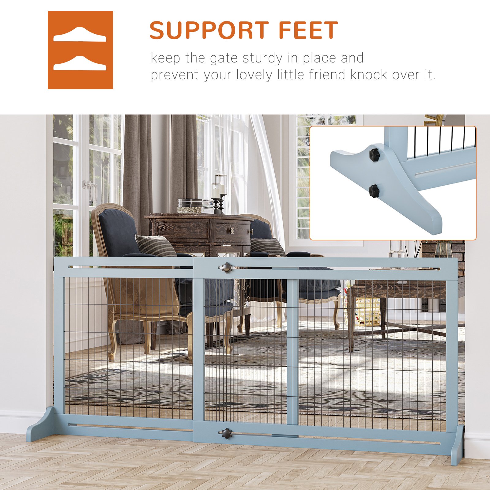 Freestanding Dog Gate, Foldable Pet Fence, Indoor Wood Barrier, Stair Gate with Support Feet, for Doorway, Hallway, Small and Medium Dogs, 69H x 104-180 cm, Blue-grey