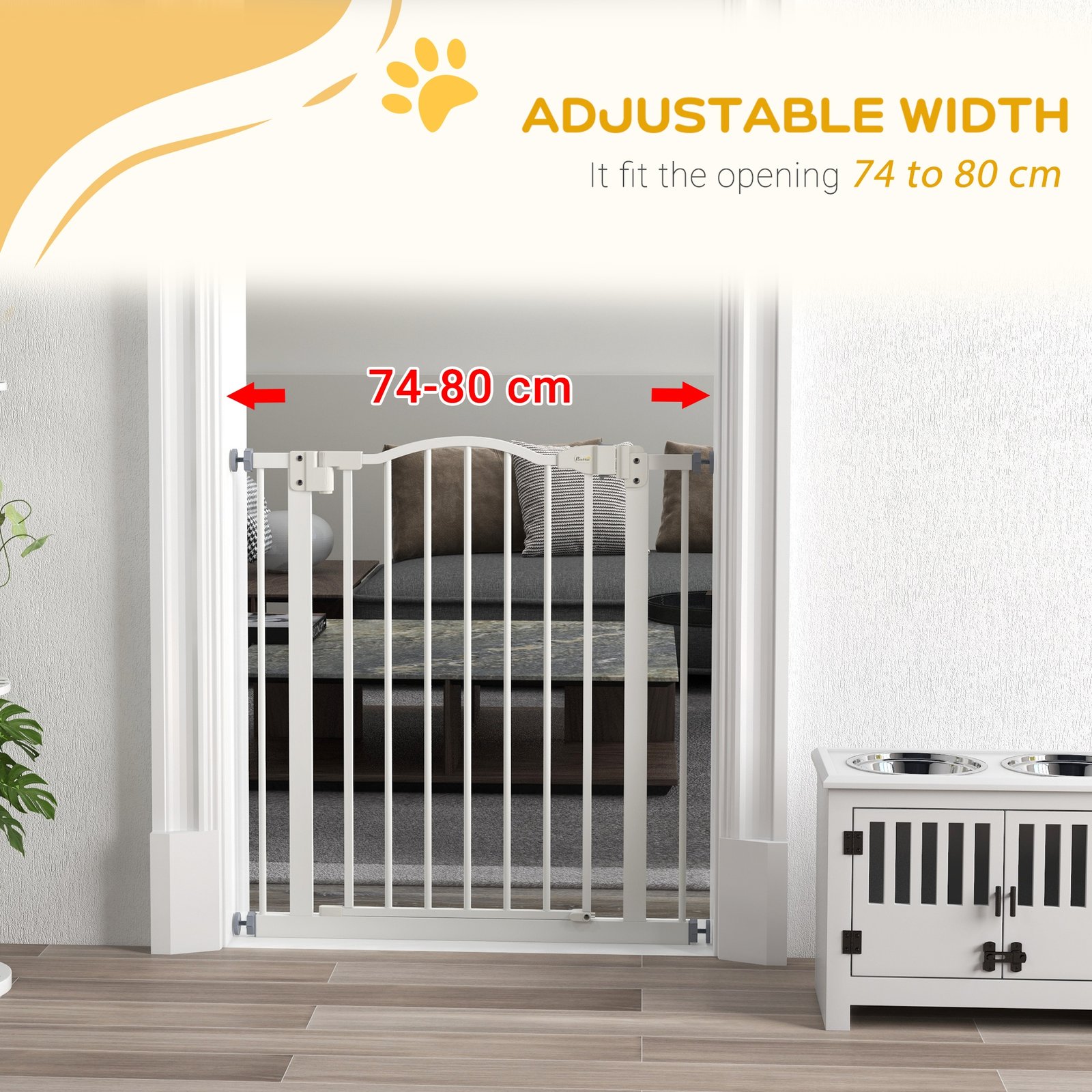 Metal 74-80cm Adjustable Pet Gate Safety Barrier w/ Auto-Close Door White