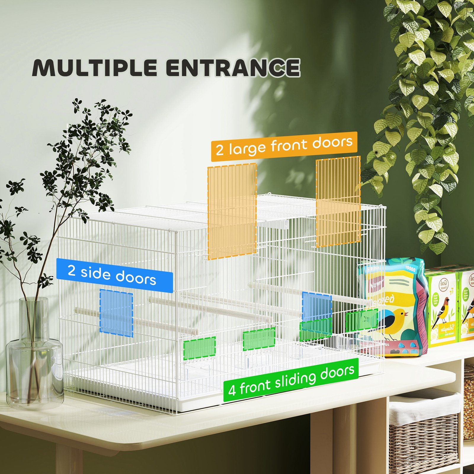 Bird Cage with Divider, 4 Wooden Perches, Slide Out Tray, 4 Feeders, for Budgie, Lovebird, Canary, 76 x 46 x 46cm, White
