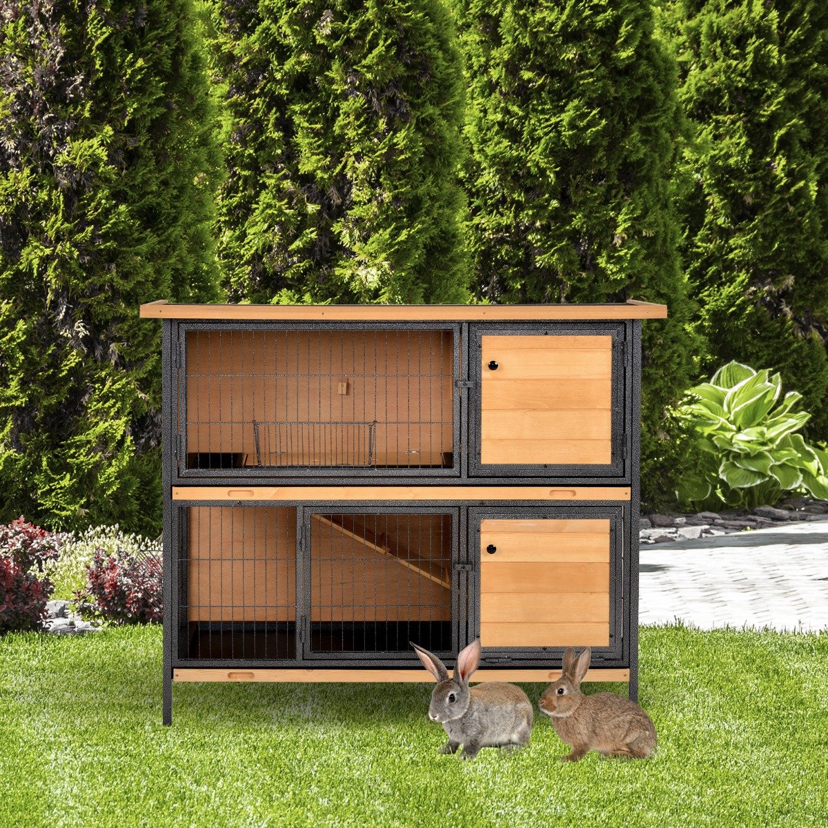 Wooden Metal Guinea Pigs Hutches Pet House Bunny w/ Slide-Out Tray Outdoor Light Yellow,black