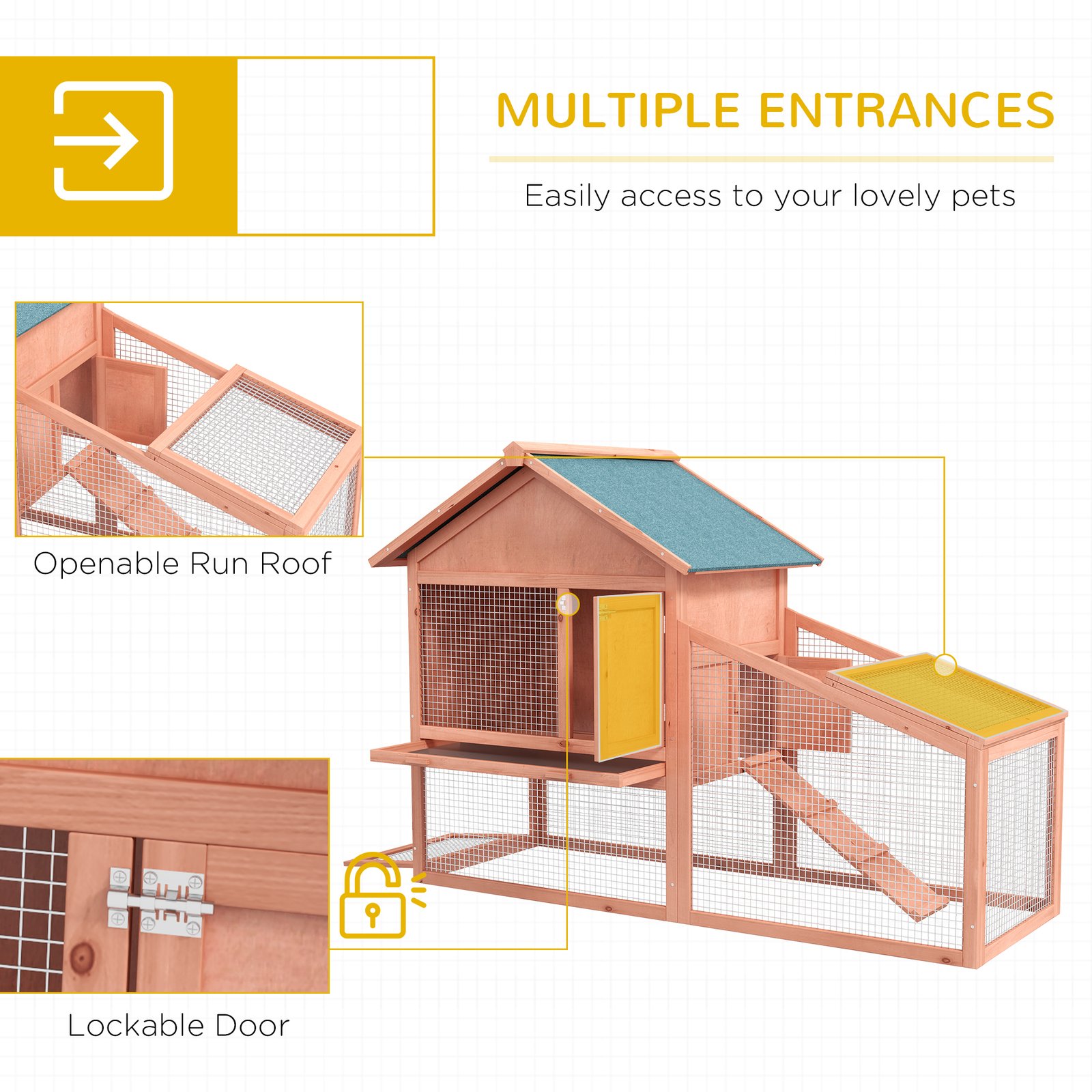2 Tier Rabbit Hutch Outdoor, Guinea Pig Hutch, Solid Wood Bunny House, Water Resistant Asphalt Roof Ramp Sliding tray 144 x 64.5 x 100 cm - Image 5