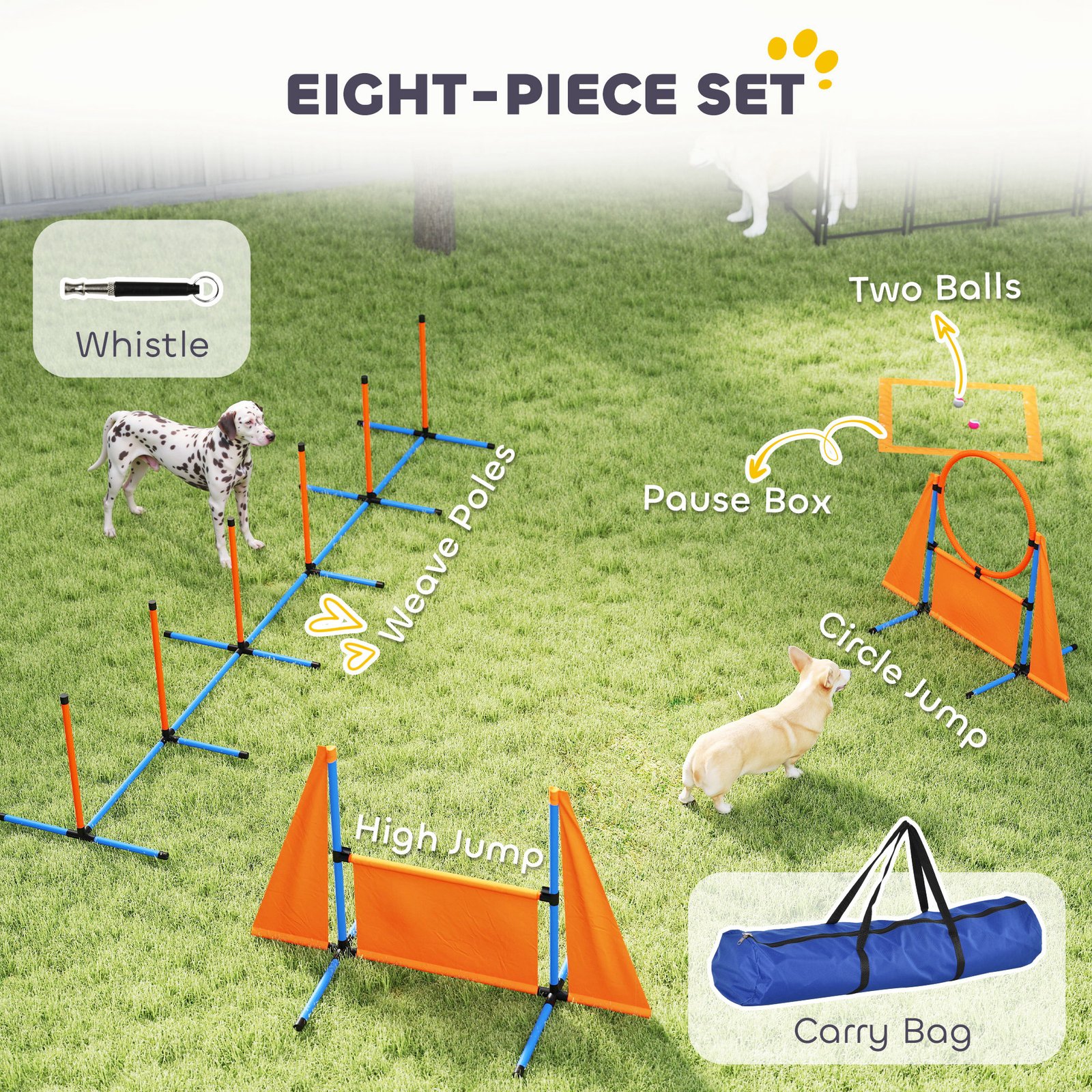 6-Piece Dog Agility Equipment Set with Weave Poles, Jump Ring, Hurdle, Pause Box, Bag, Orange