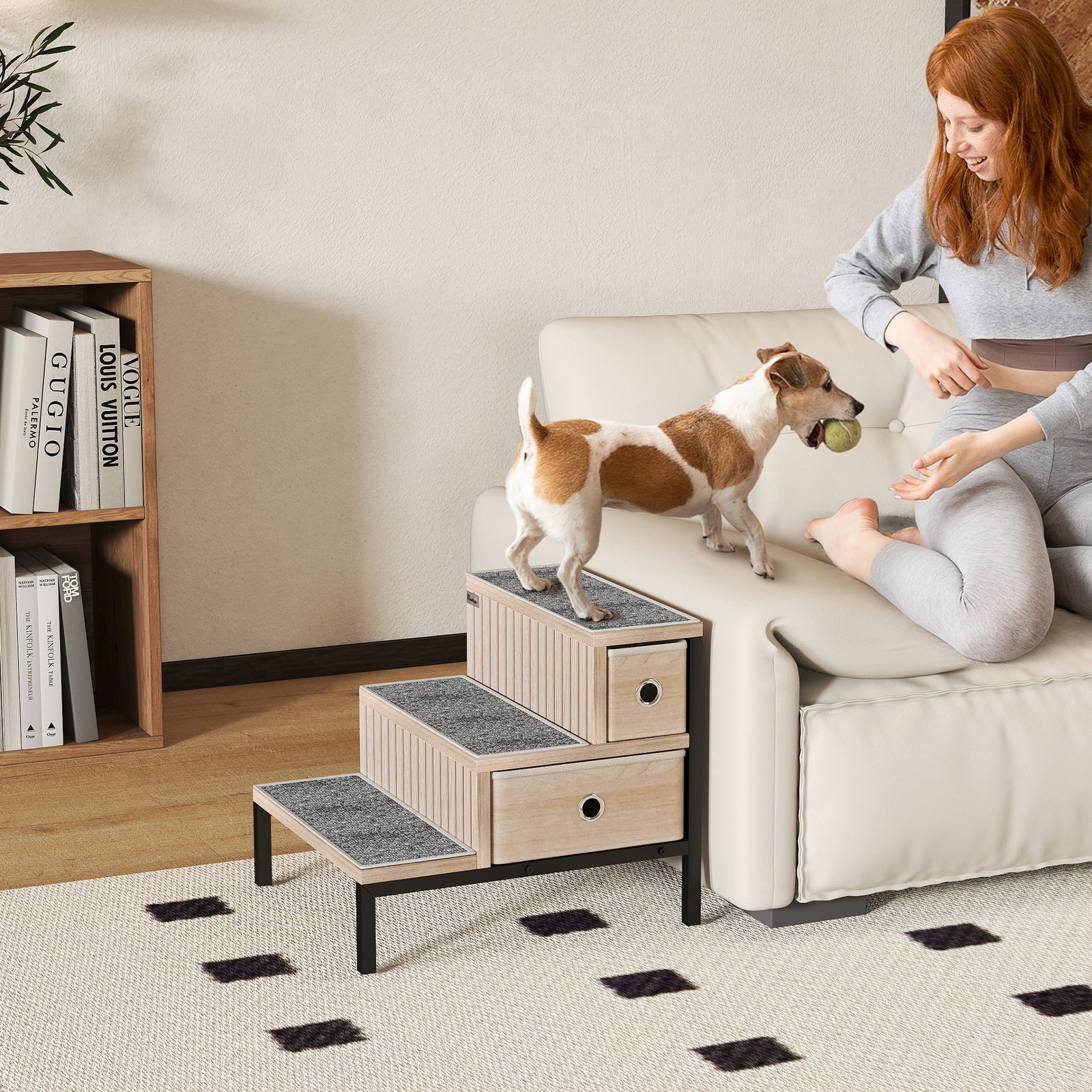 Dog Stairs with Storage, Non-Slip Cover, Pet Steps for Small Dogs & Older Cats, for Sofa, High Bed, Oak Tone - Image 9