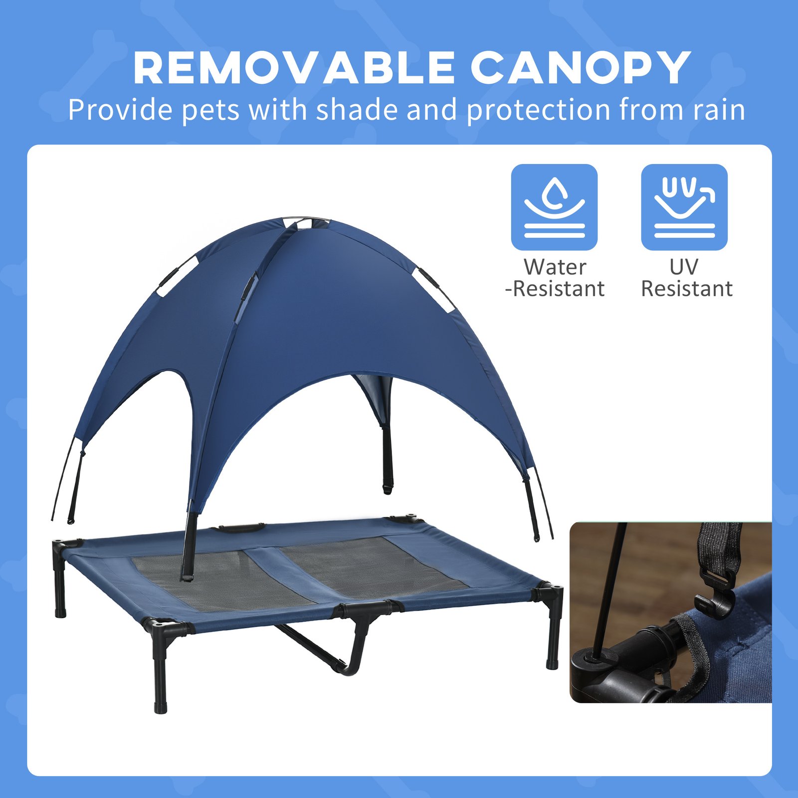 Outdoor Dog Bed with Removable Canopy, Portable Raised Dog Bed for Camping, Garden & Beach, Water-Resistant UV-Protection Mesh Pet Cot Sun Lounger, for Large Pets, 92 x 76 x 90 cm, Dark Blue - Image 6