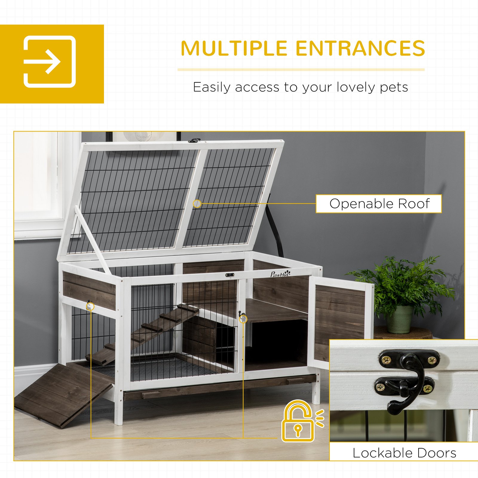 Wooden Rabbit Hutch, Guinea Pig Cage, with Removable Tray, Openable Roof - Image 5