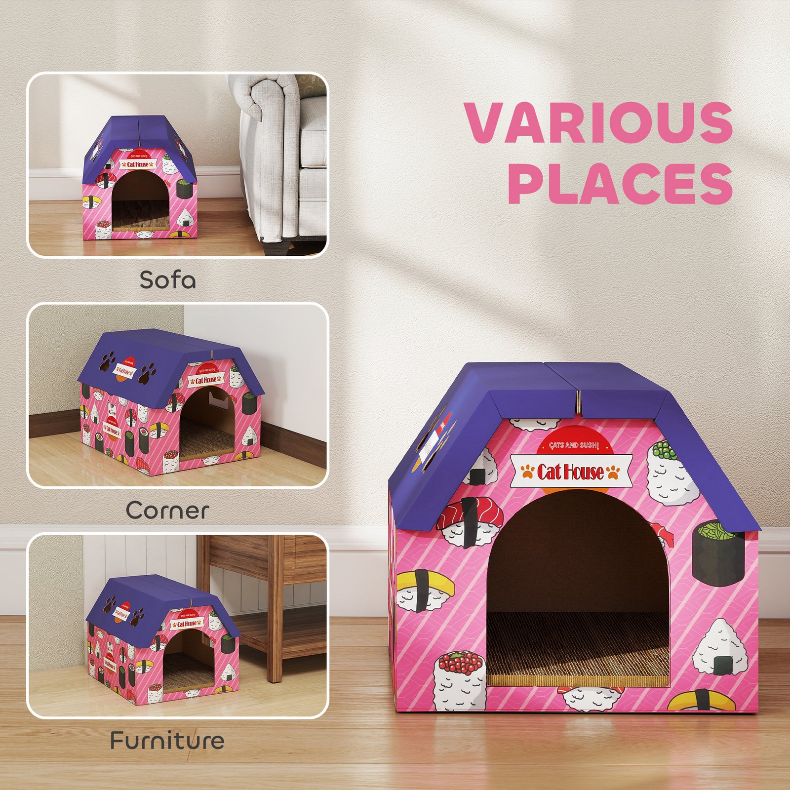 Cat Scratching Board, 2-in-1 Cardboard Cat House and Hideaway for Indoor Cats, Pink