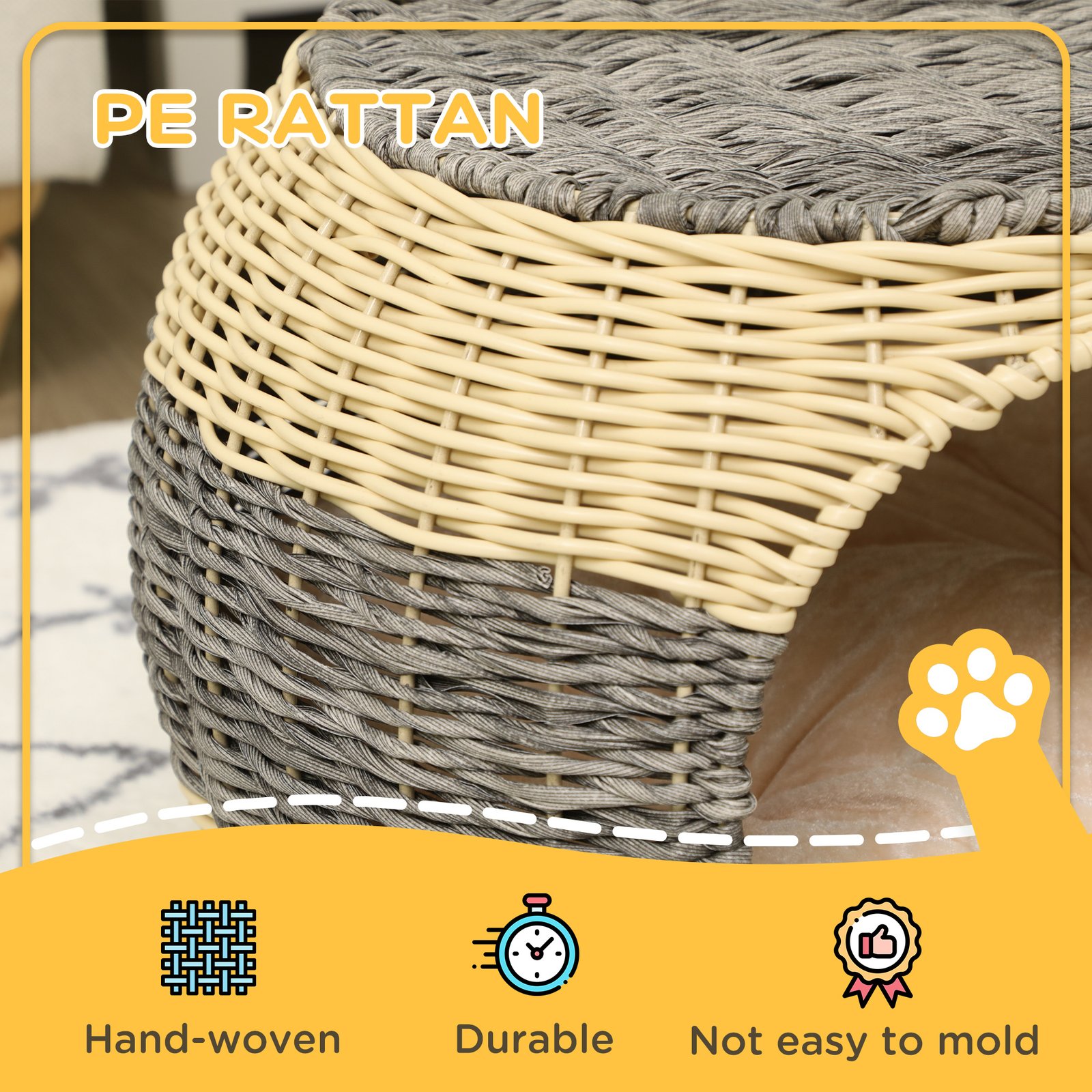 Wicker Cat House, Rattan Raised Cat Bed, Cosy Kitten Cave with Soft Washable Cushion, Φ40 x 30cm - Image 4