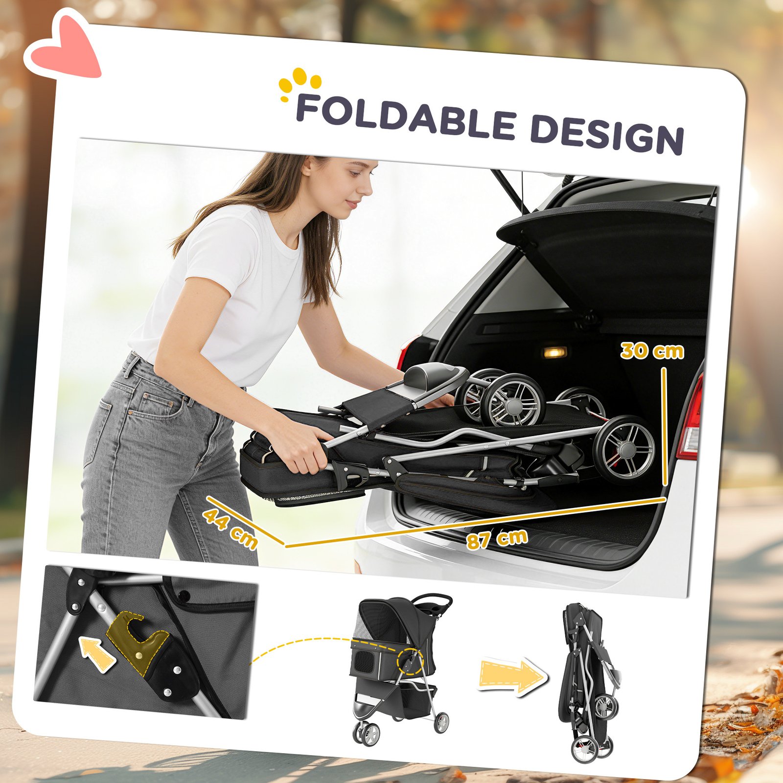 Dog Stroller, 3 Wheels Foldable Pet Stroller with Adjustable Canopy, Storage Basket for Small Mini Breeds, Dark Grey