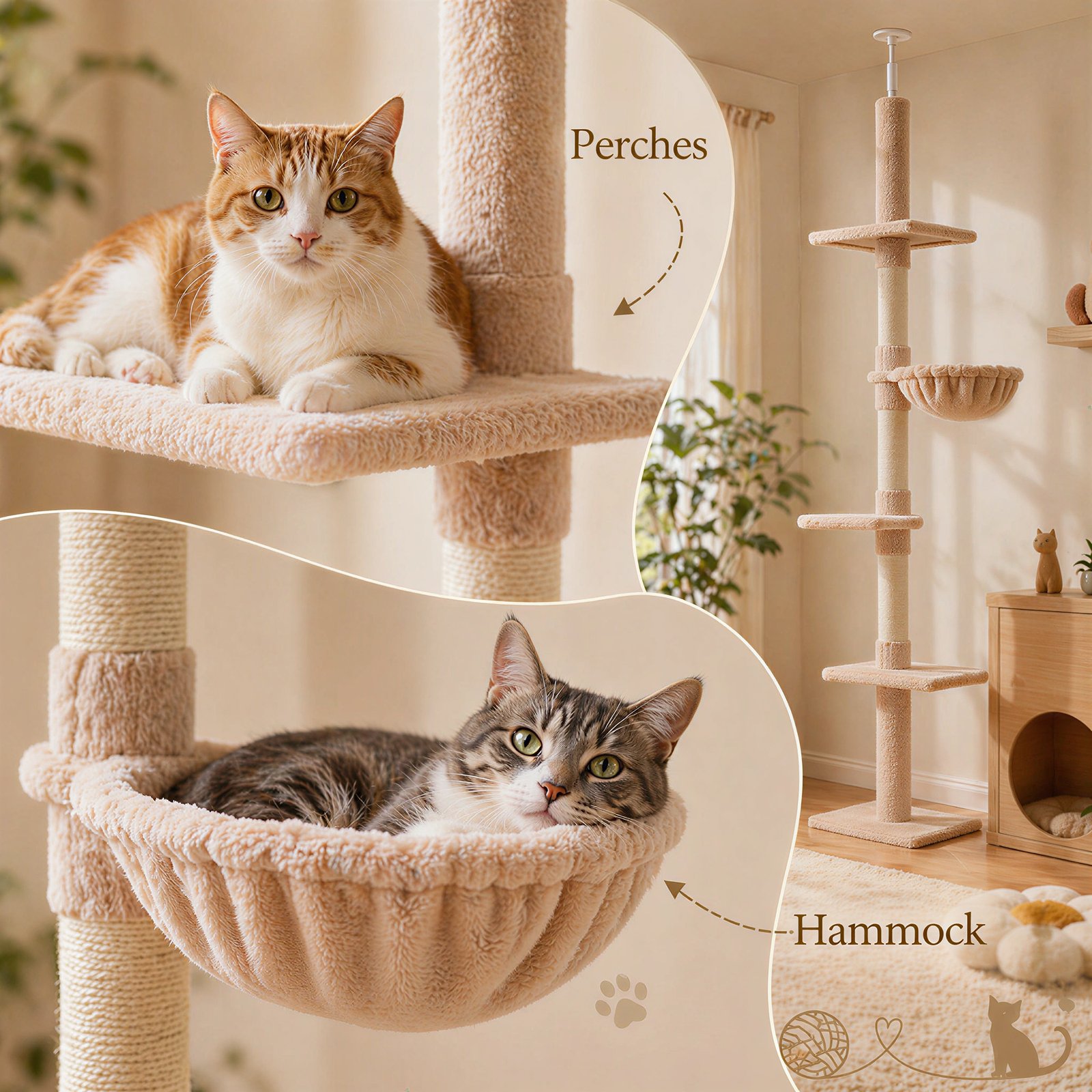 Floor to Ceiling Cat Tree 230-260cm Height Adjustable, 5-Tier Cat Tower with Scratching Posts, Hammock, Perches, Climbing Activity Centre for Indoor Kittens Playing and Relaxing, Beige - Image 5