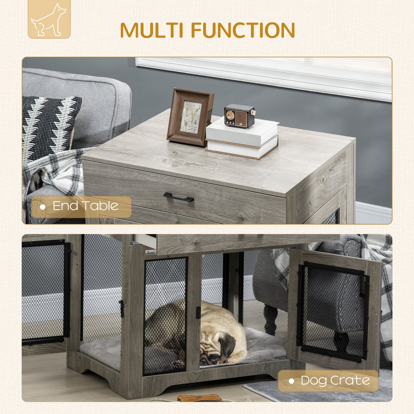 Dog Cage End Table with Two Doors, Drawer, for Medium Dogs - Grey - Image 4