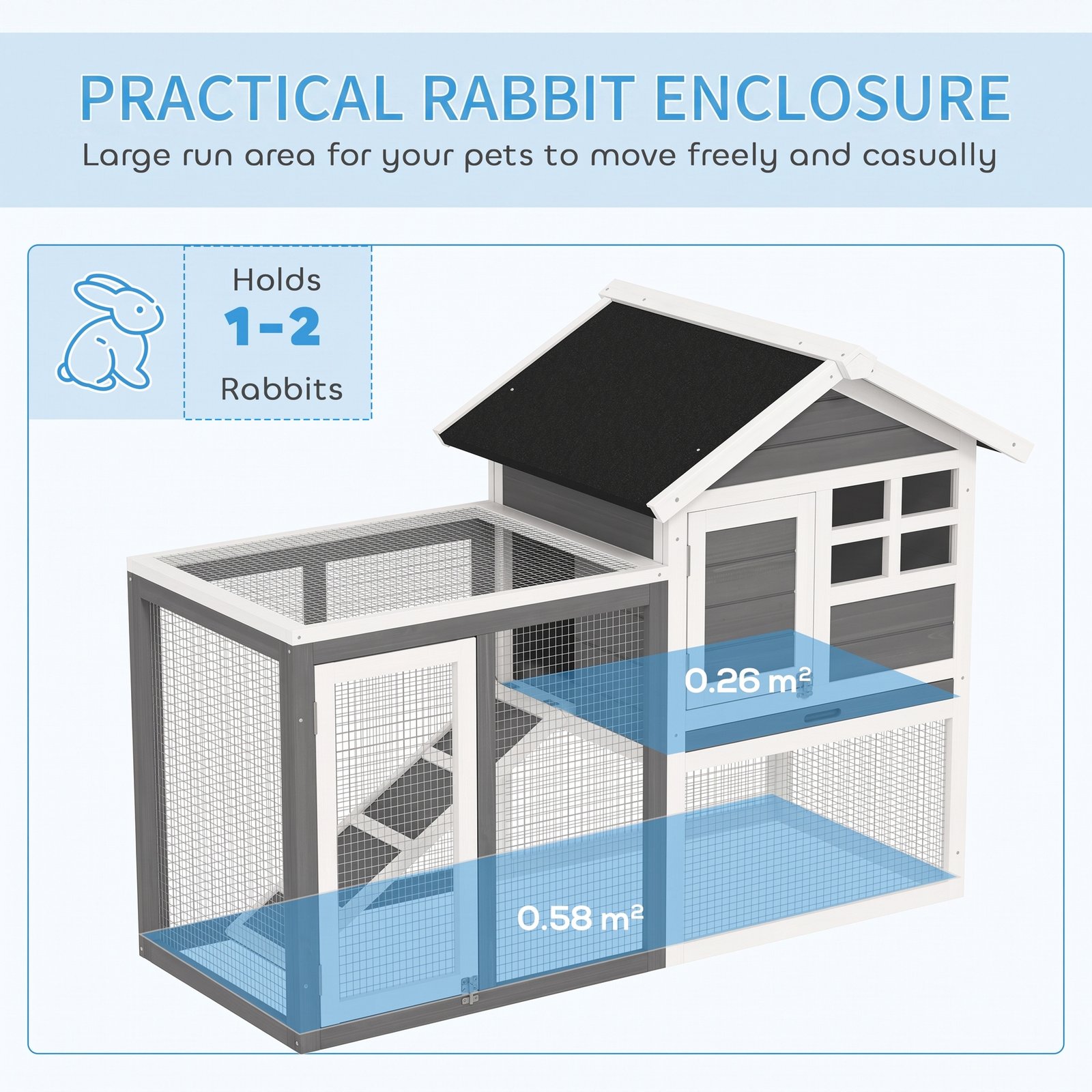 Rabbit Hutch Outdoor Wooden Guinea Pig Hutch Rabbit Run Bunny Cage Small Animal Cage Pull-Out Tray, Grey, 124 x 63 x 93 cm