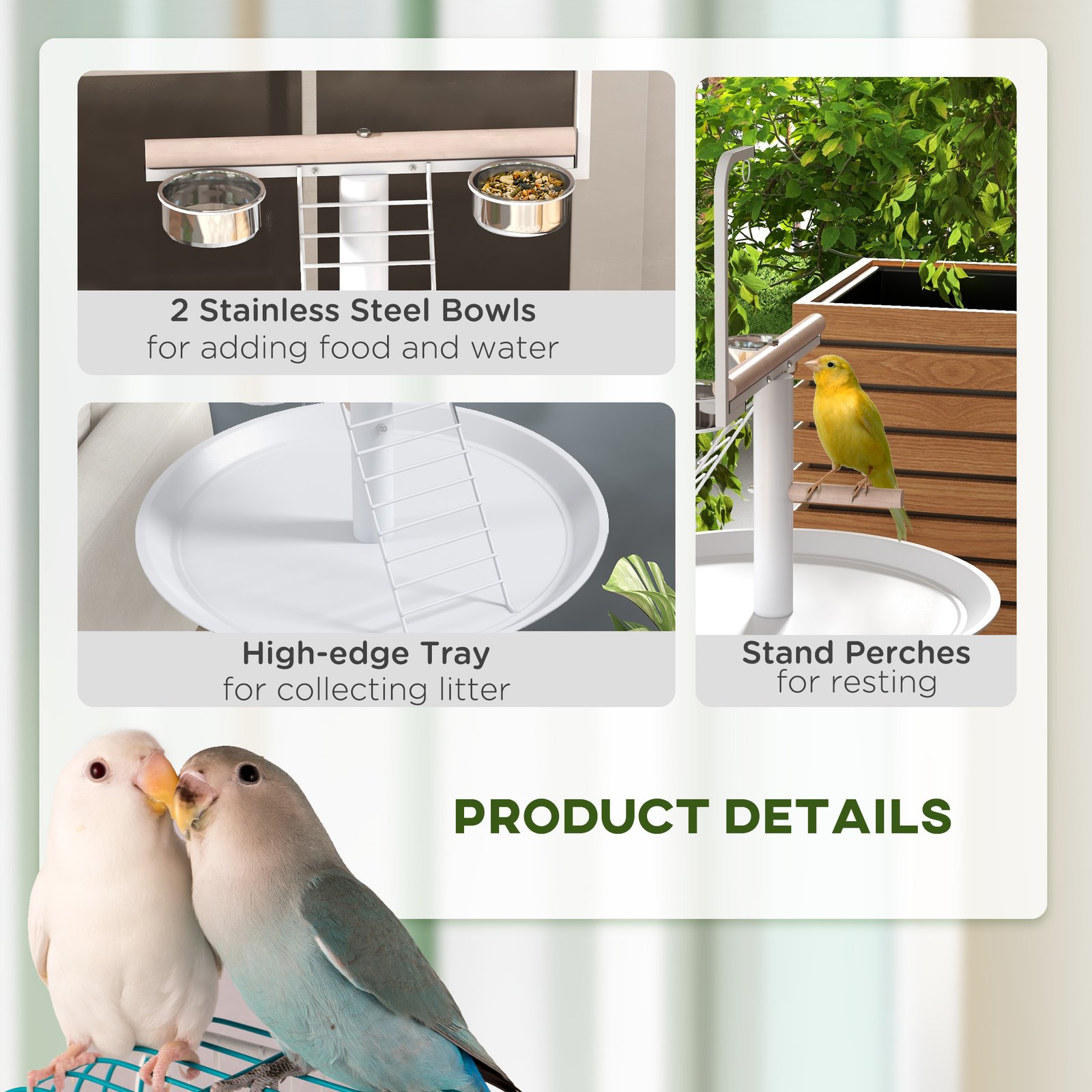 Bird Stand with Four Wheels, Perches, Stainless Steel Feed Bowls, Round Tray, for Garden, Indoor, Outdoor - White