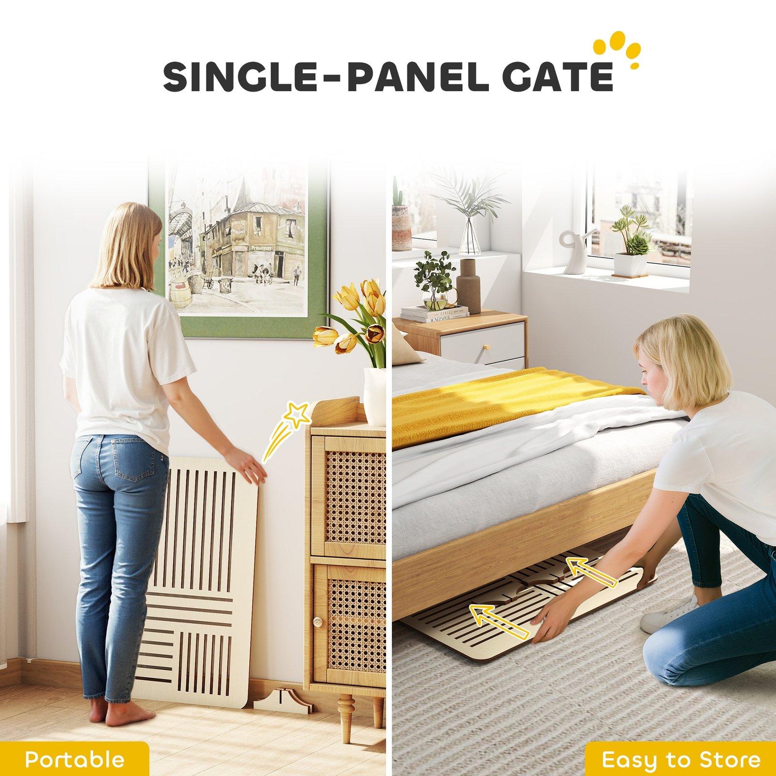 Freestanding Pet Gate, Portable Dog Barrier Gate with Feet for Small Breeds, 75 x 53 cm, Natural Wood