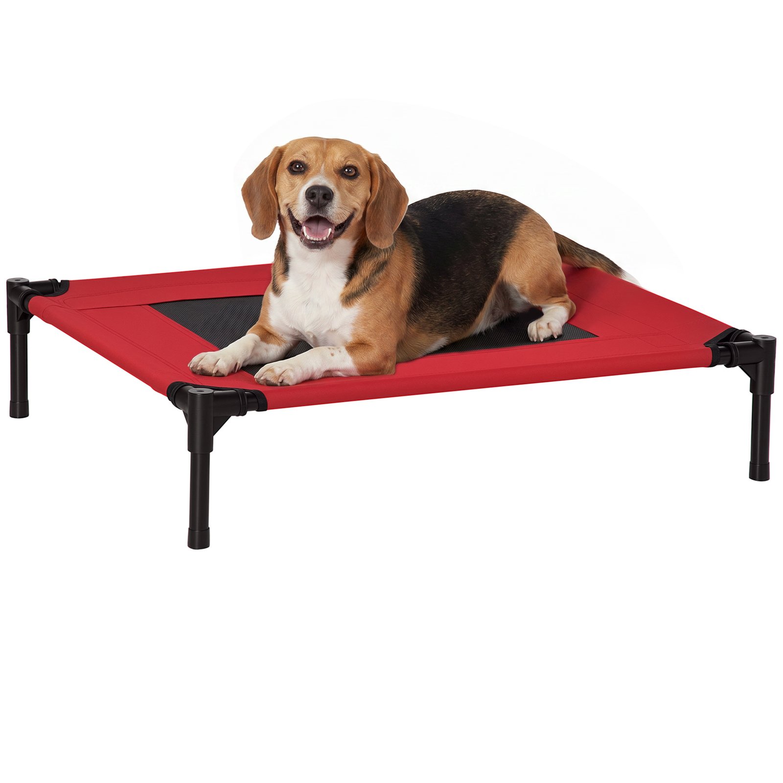 Raised Dog Bed, Lightweight Cat Elevated Lifted Portable w/ Breathable Mesh, Metal Frame for Camping Beach Travel Use Black and Red (Medium)