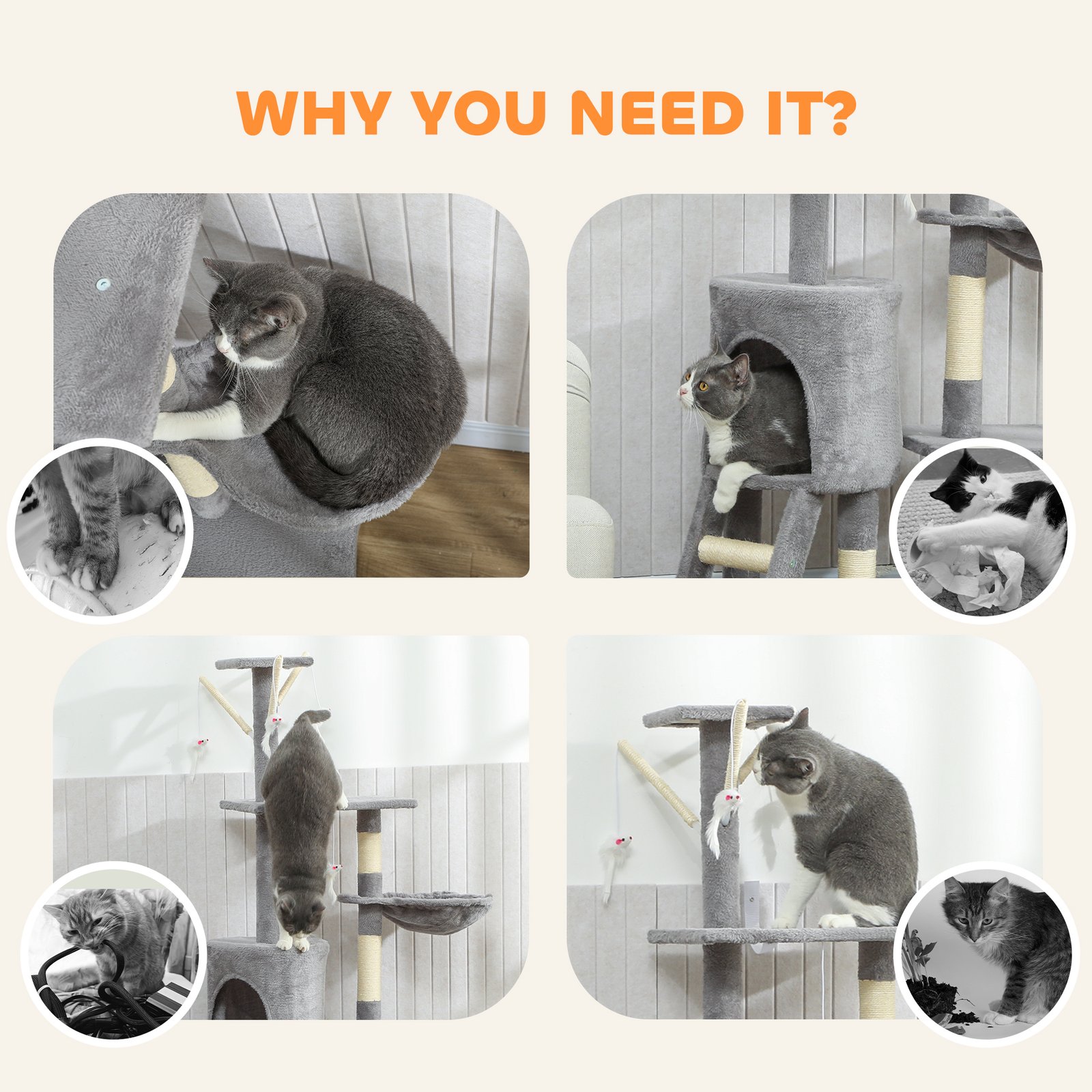 Multi-Level Cat Tower, 134cm Cat Tree with Condo and Sisal Scratching Posts for Indoor Kittens, Grey - Image 8