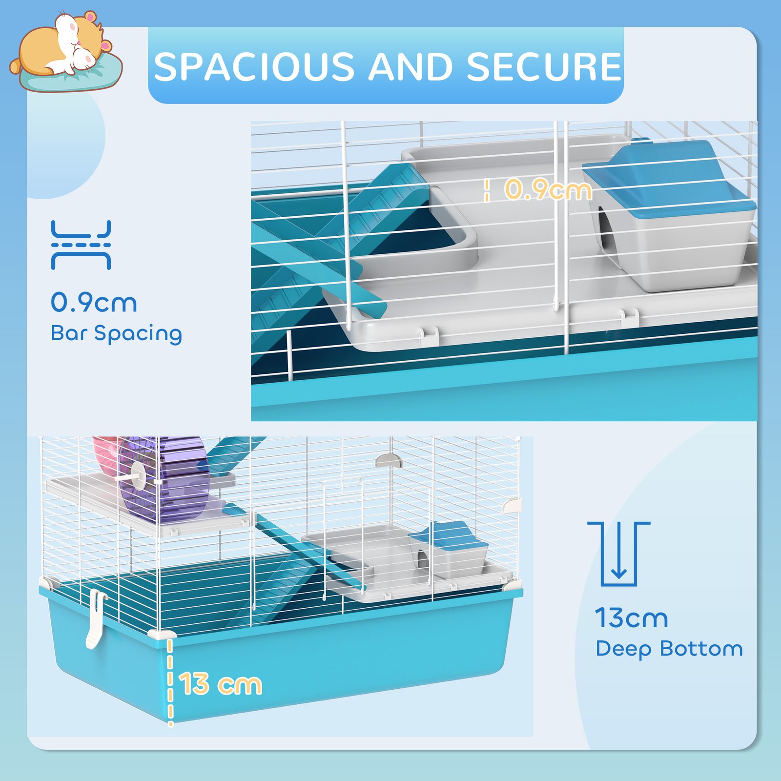 6 Tier Hamster Cage, Small Animal Cage with Tubes, Exercise Wheel, Ramps, Hut, Food Dish, Water Bottle, Light Blue