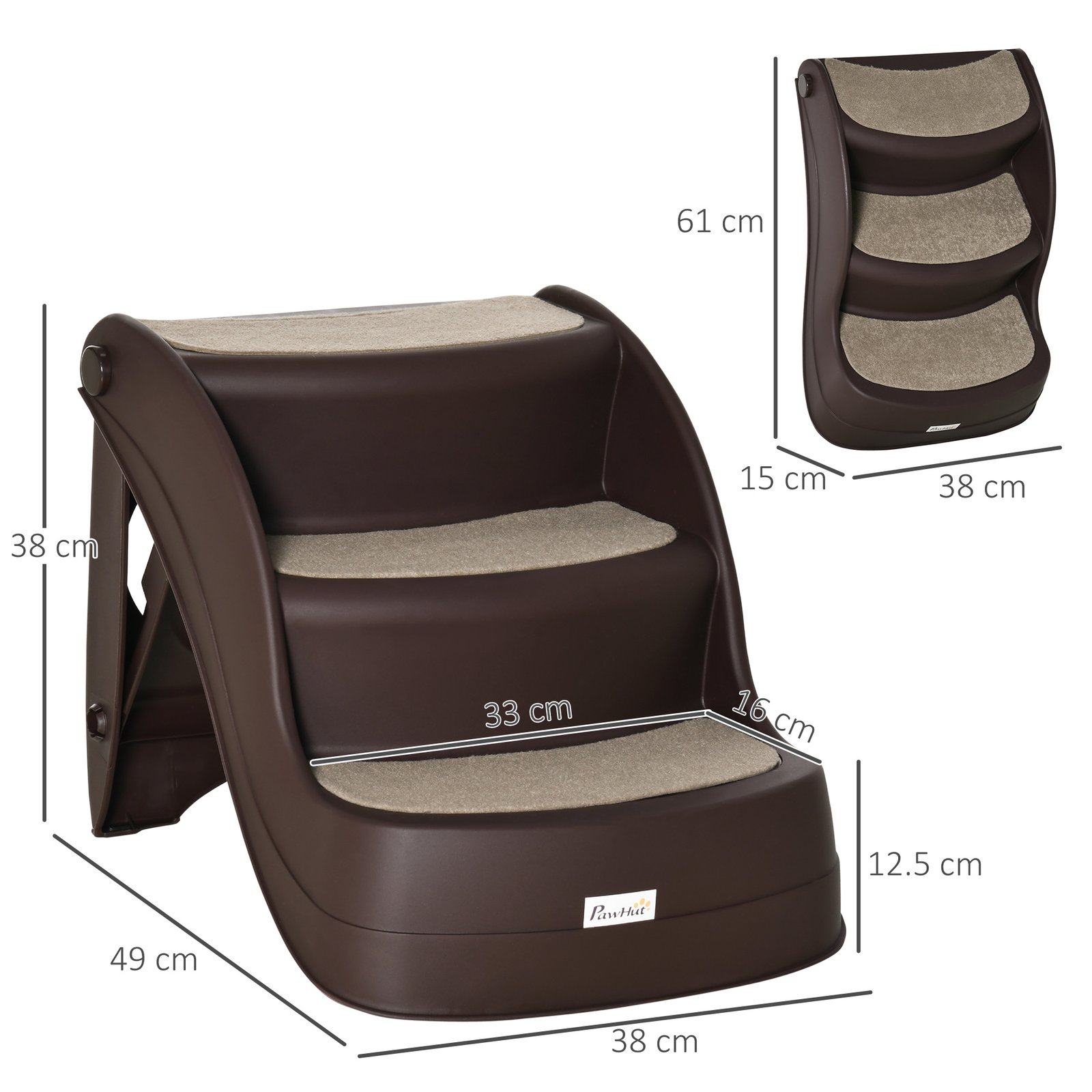 Foldable Dog Steps for Bed Sofa, Portable Dog Stairs 3-Step for High Bed, Pet Stairs with Non-slip Mats for Small and Miniature Breeds, 49 x 38 x 38 cm, Brown