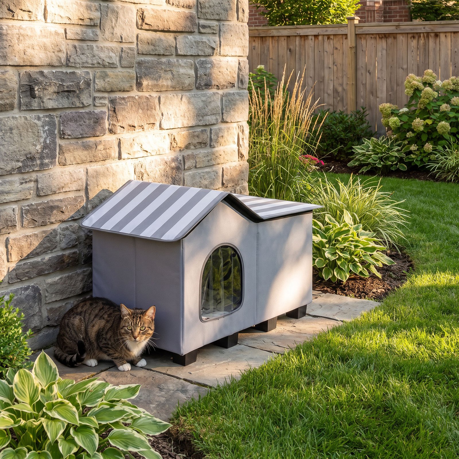 Outdoor Cat House, Weather Resistant Feral Cat Cave with Elevated Base and Cushion for Winter, Grey