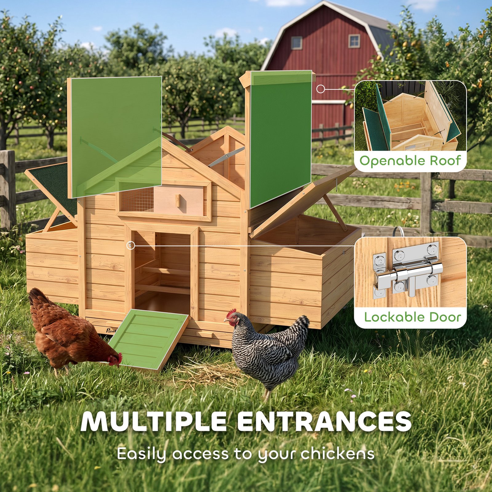 Chicken Coop, Wooden Outdoor Hen House with Nesting Box, Openable Waterproof Top, Pull-Out Tray, 150 x 100 x 97cm