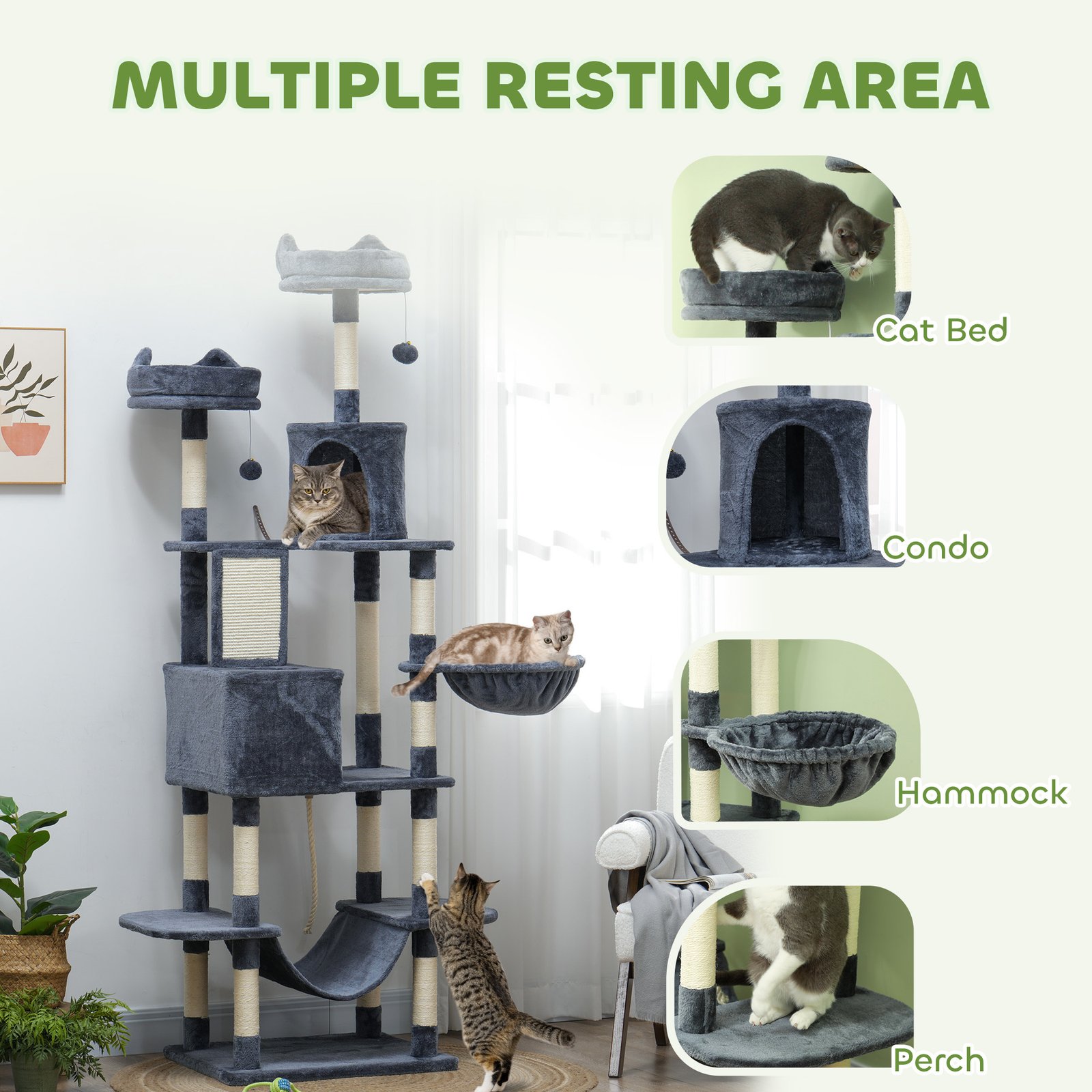 206cm Cat Tree, Multi-Level Cat Tower with Scratching Posts and Board, Beds, Condos, Platforms, Toy Balls, Dark Grey - Image 4