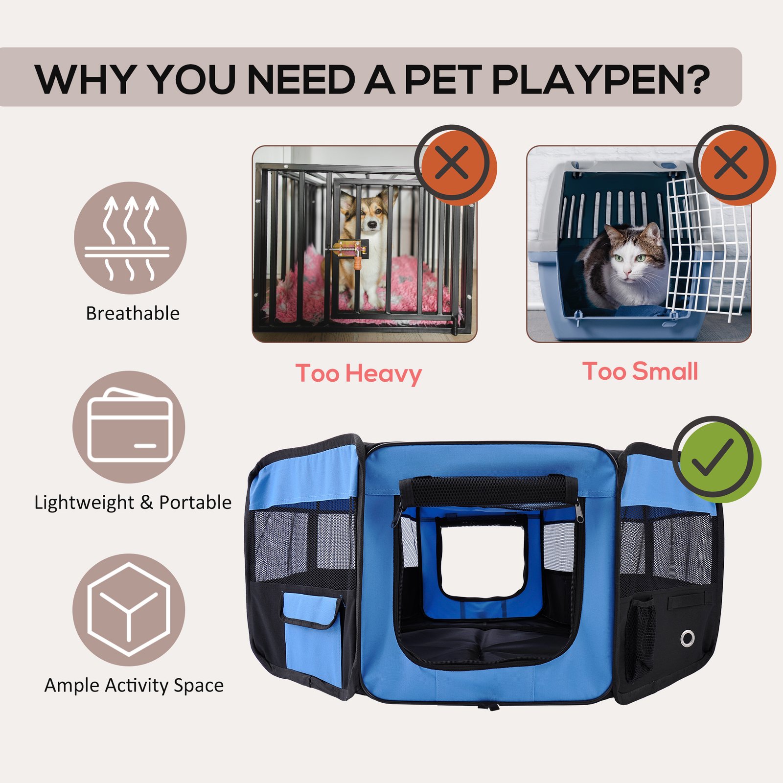 600D Oxford Soft Fabric Kennel, Portable Lightweight Cat Dog Playpen, Foldable Pet Puppy Rabbit Guinea Pig Pen Run Dia 90 x 41H cm Indoor & Outdoor Blue