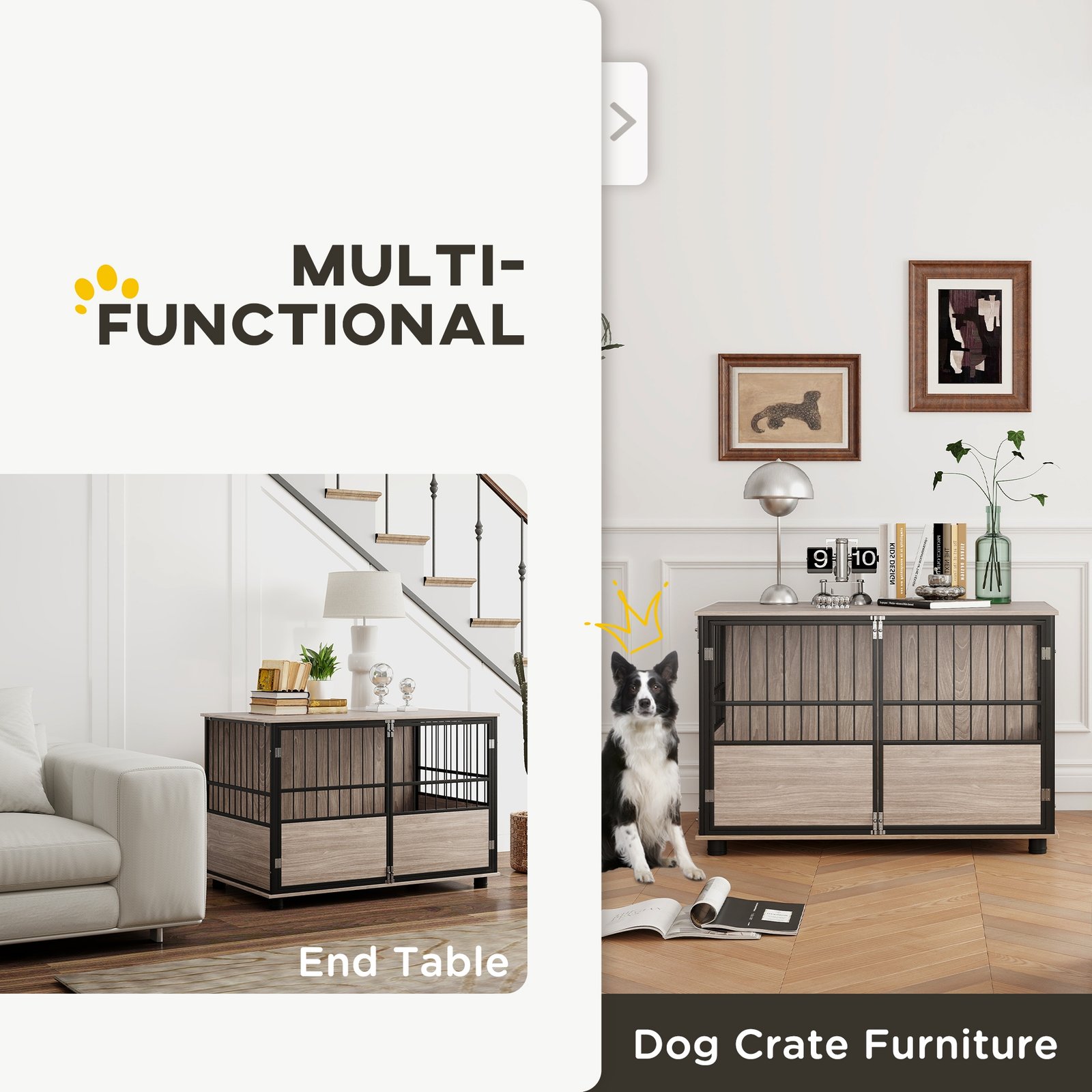 100cm Furniture Style Dog Crate Dog Cage End Table Indoor with 3 Doors Soft Washable Cushion, for Large Sized Dogs