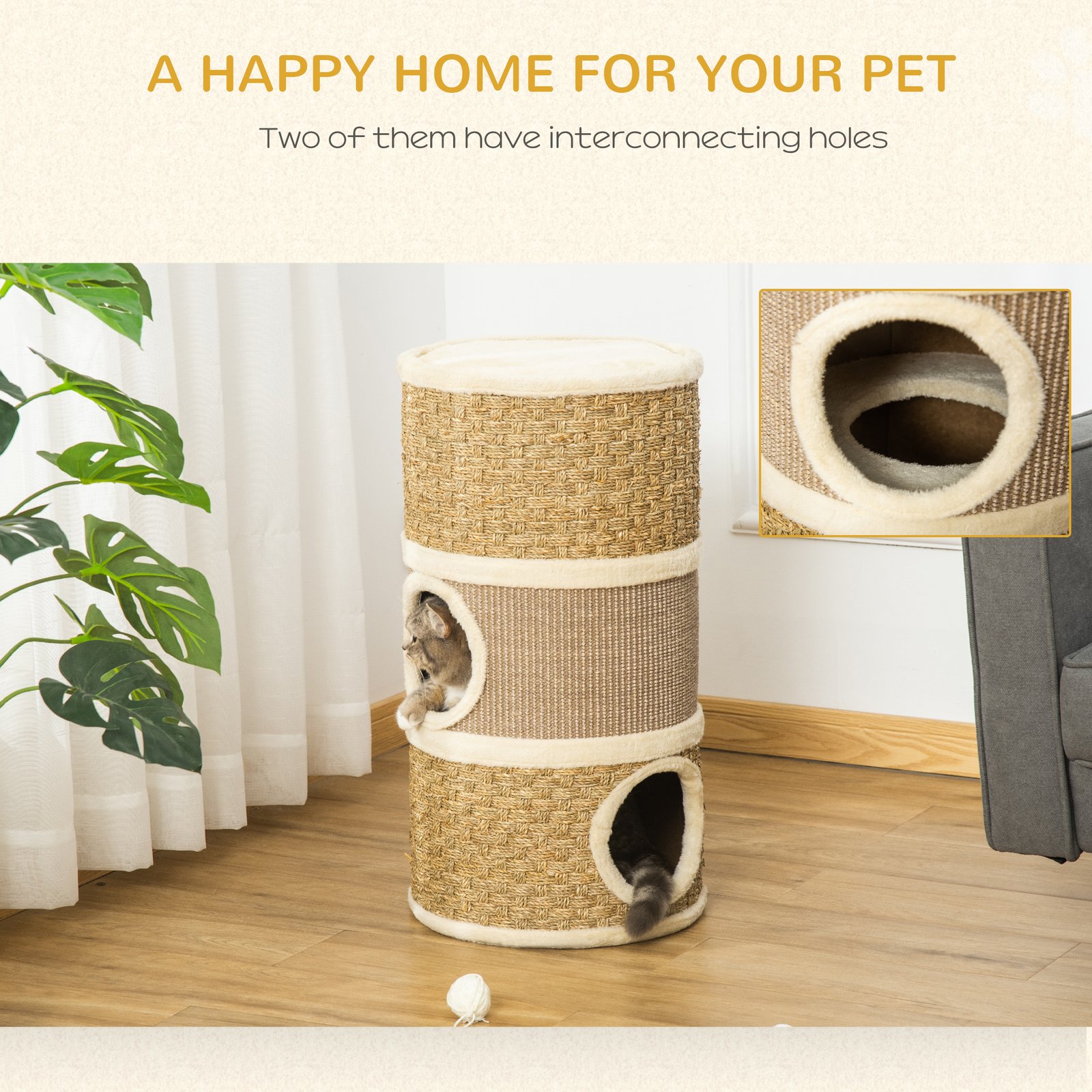Cat Scratching Barrel Kitten Tree Tower for Indoor Cats Pet Furniture Climbing Frame Covered with Sisal and Seaweed Rope Cozy Platform Soft Plush - Image 4