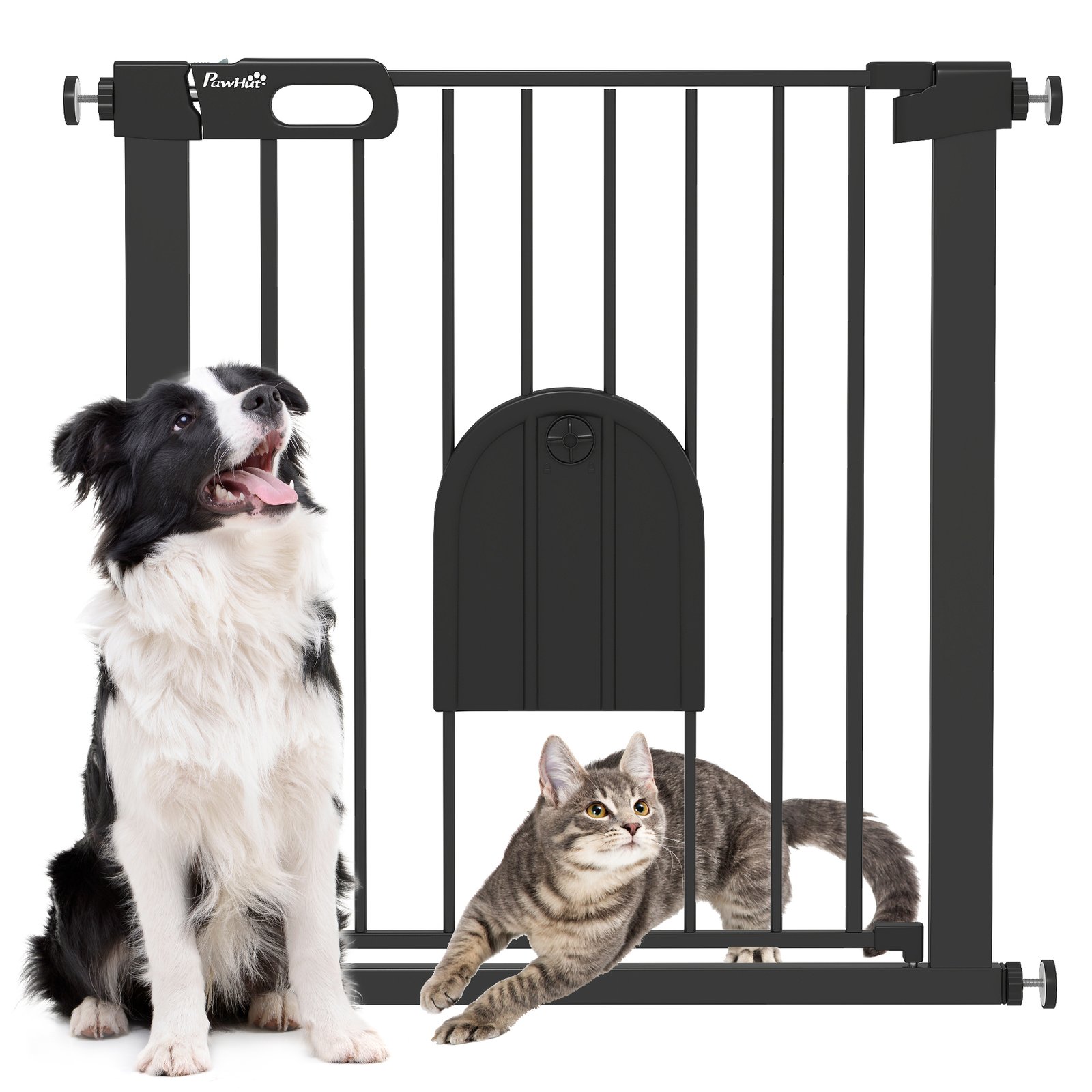Dog Gate with Cat Flap Pet Safety Gate Barrier, Stair Pressure Fit, Auto Close, Double Locking, 75-82 cm Black