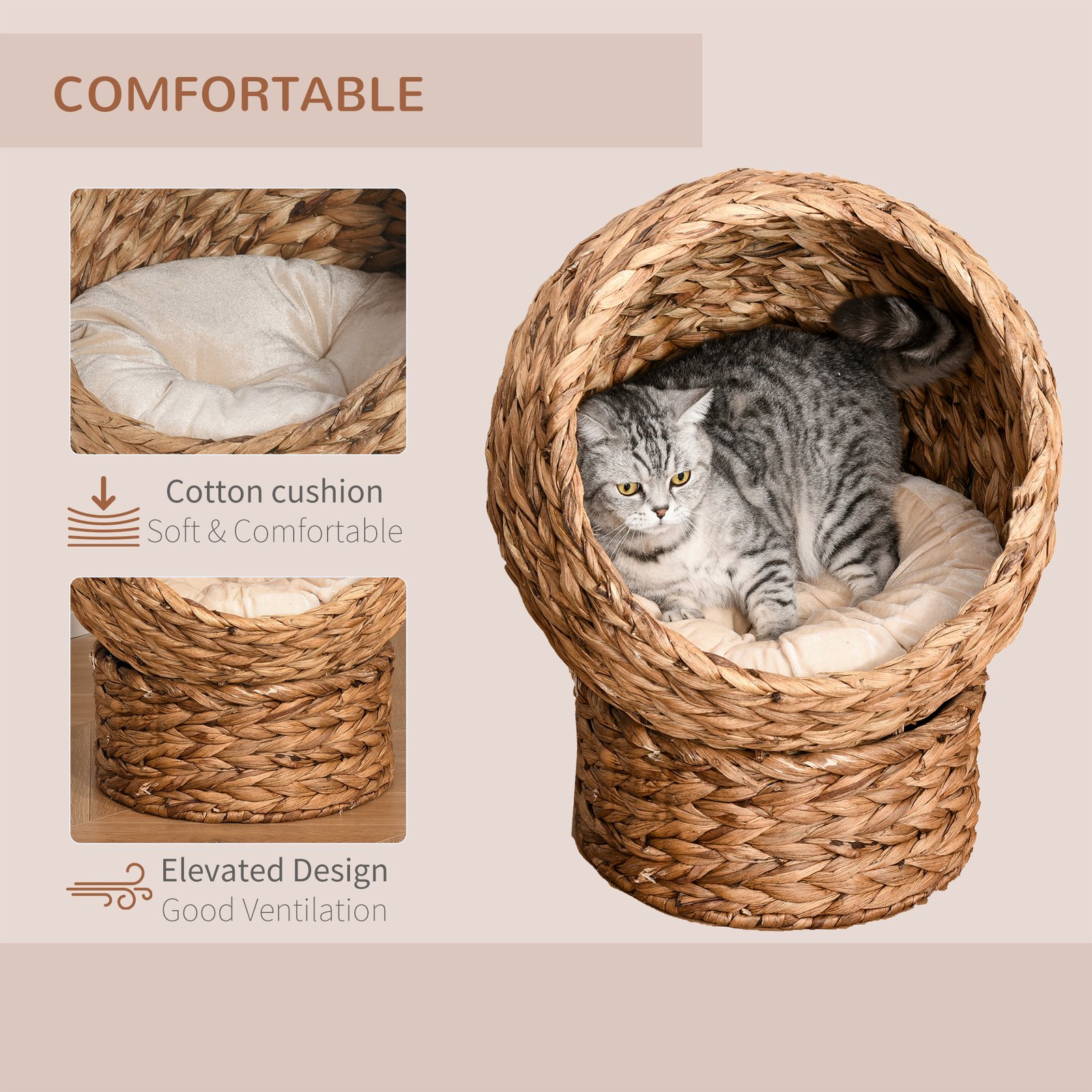Wicker Cat Bed, Raised Rattan Cat Basket with Cylindrical Base, Soft Washable Cushion, 40 x 37 x 51 cm - Brown - Image 4