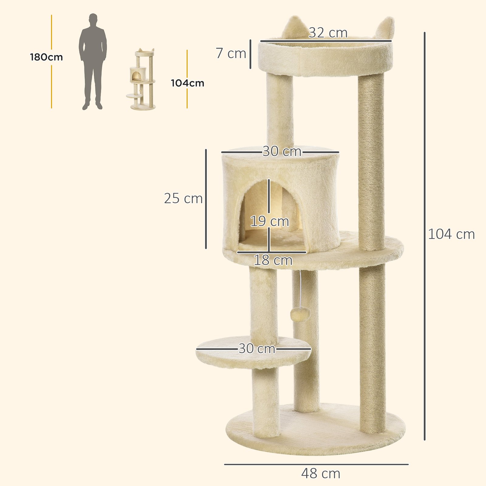 104 cm Cat Tree, Cat Condo Tree Tower, Cat Activity Centre with Scratching Posts, Plush Perches, Hanging Ball - Cream White