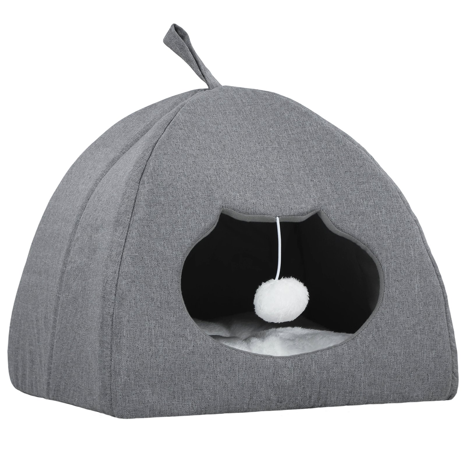 Cat Cave Bed for Indoor Kittens, Cat House with Removable Cushion and Teaser Ball, Kitty Igloo with Anti-Slip Base, 42 x 42 x 39 cm, Grey