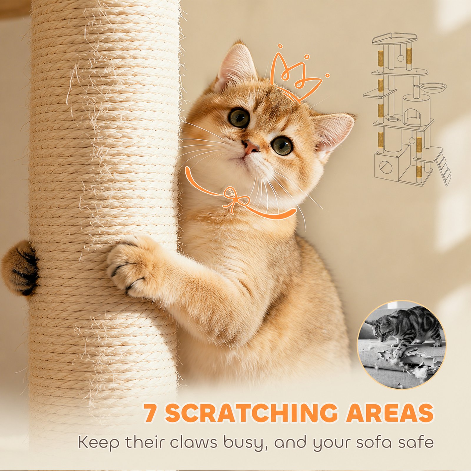 170 cm Large Cat Tree, Cat Tower with 7 Scratching Posts, Tunnel, 2 Condos, Hammock, Perch, Ramp, Pompoms, Beige
