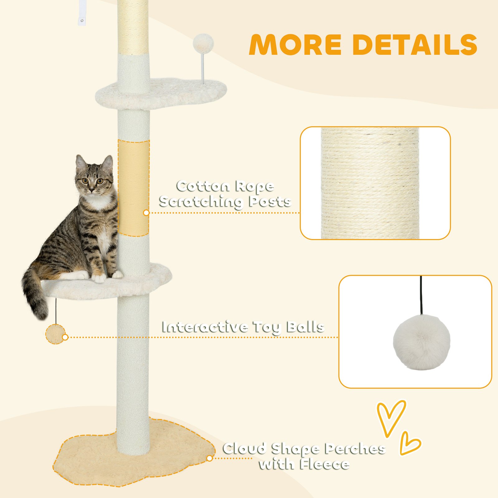 225-255 cm Adjustable Cat Climbing Tower with Sisal Scratching Posts, 2 Hanging Play Balls and Anti-Tip Strap, Beige