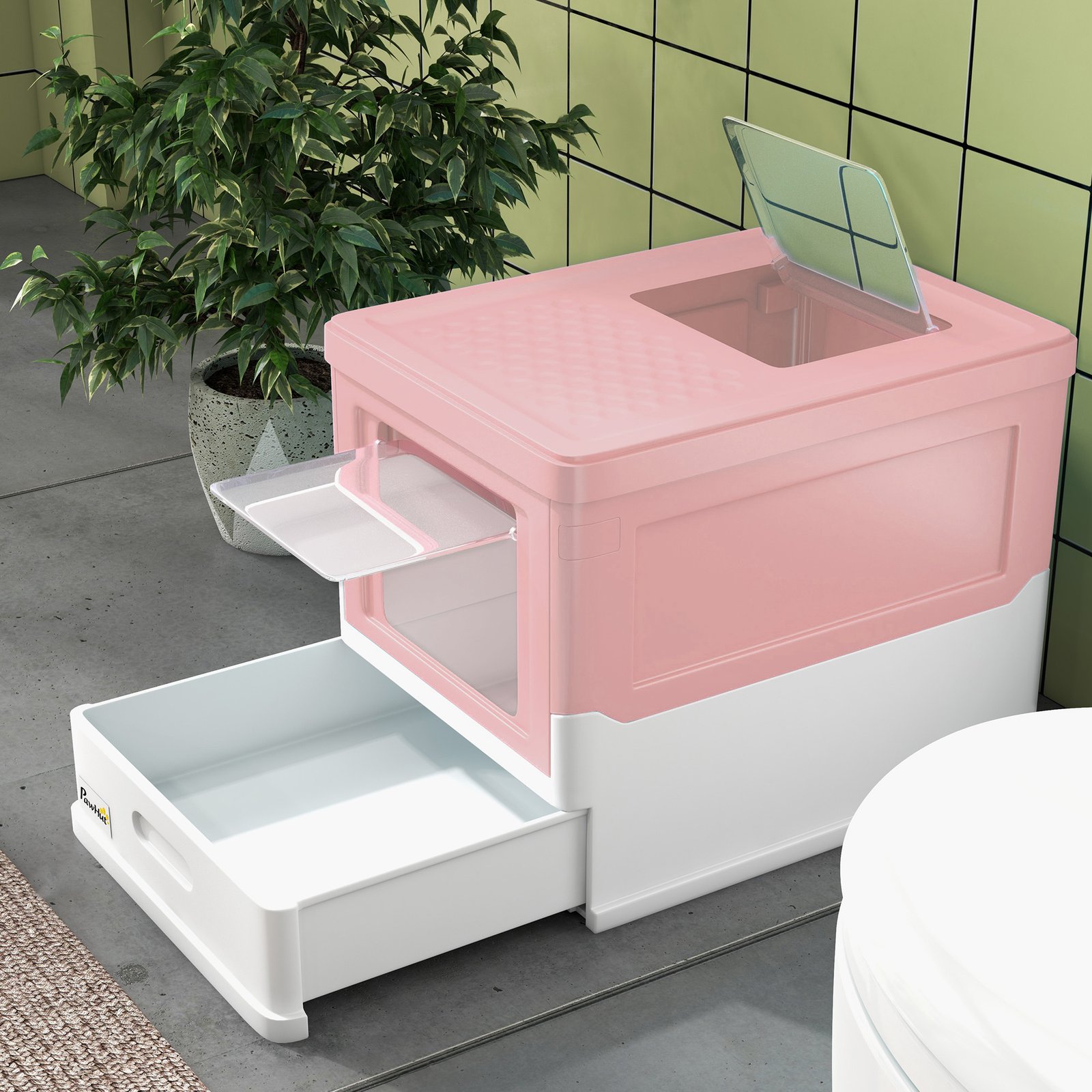 Hooded Cat Litter Box, Portable Pet Toilet, with Scoop, Front Entry - Pink