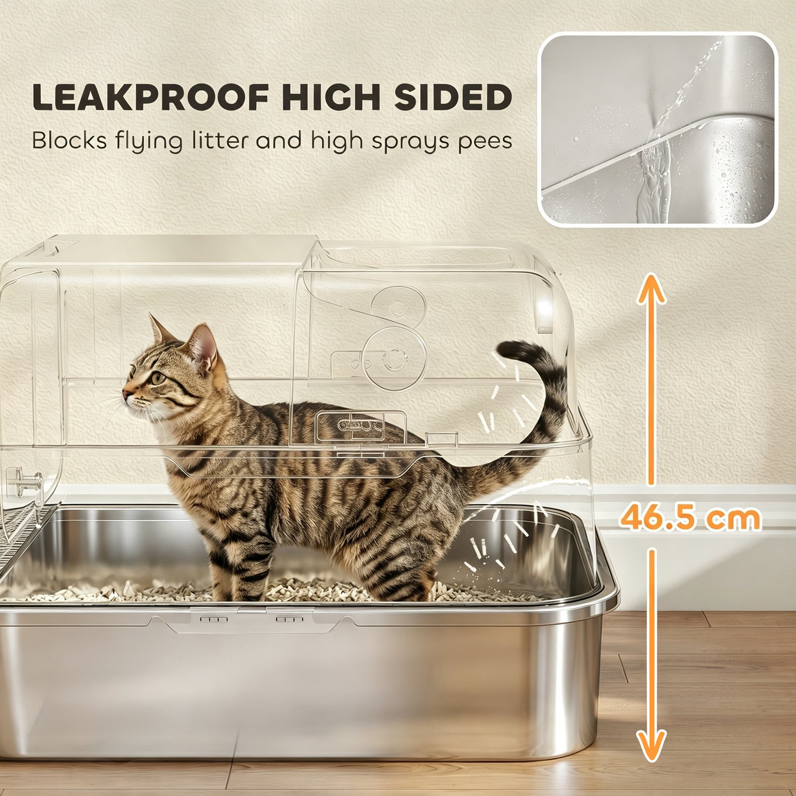 XXL Stainless Steel Cat Litter Tray, Enclosed Cat Litter Box with 90° Flip Cover, Double Doors, Scoop, Easy Clean, Grey