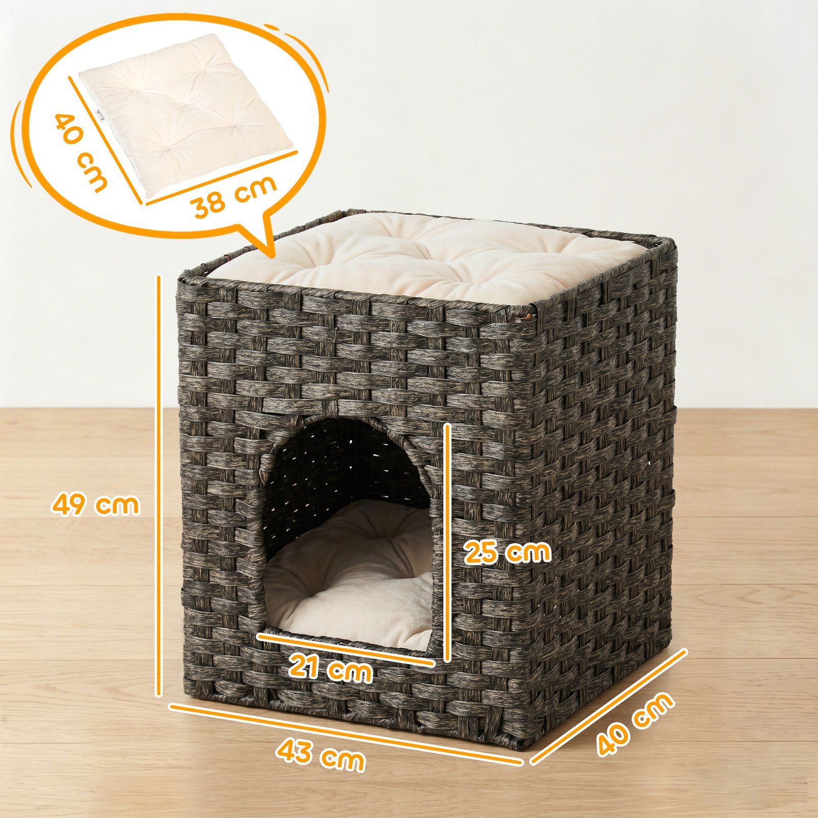 2-Tier Wicker Cat House, Handwoven Rattan Cat Bed with Washable Cushions, Indoor Kitten Condo Hideaway - Image 3